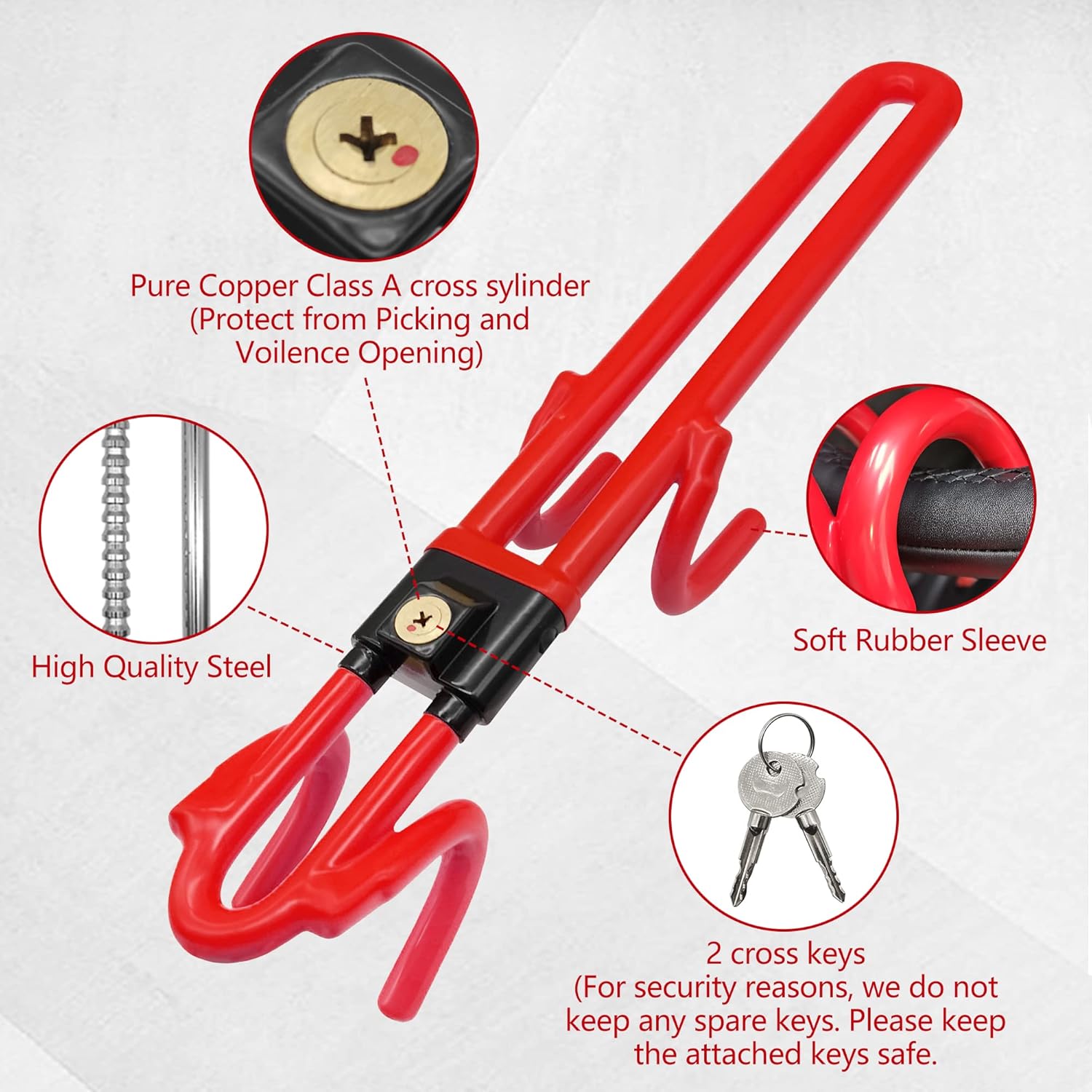 Cerradura antirrobo para volante, longitud ajustable, doble gancho, ajuste universal para coches, furgonetas, caravanas, SUV, camiones, rojo