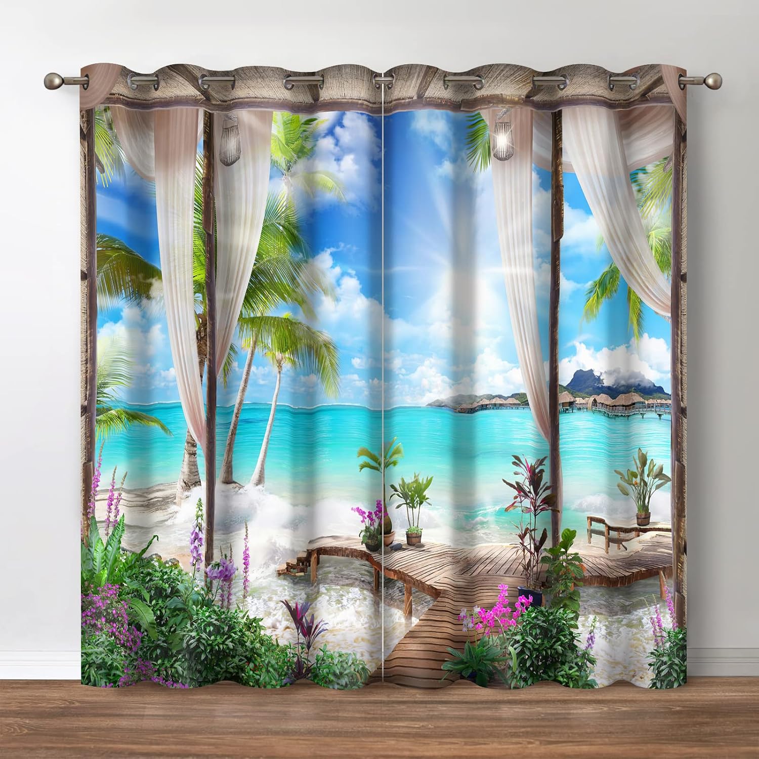 Jekeno Cortinas opacas con luz del sol para playa, océano tropical, isla marina, palmera, estampado de paisaje de verano, decoración de dormitorio,