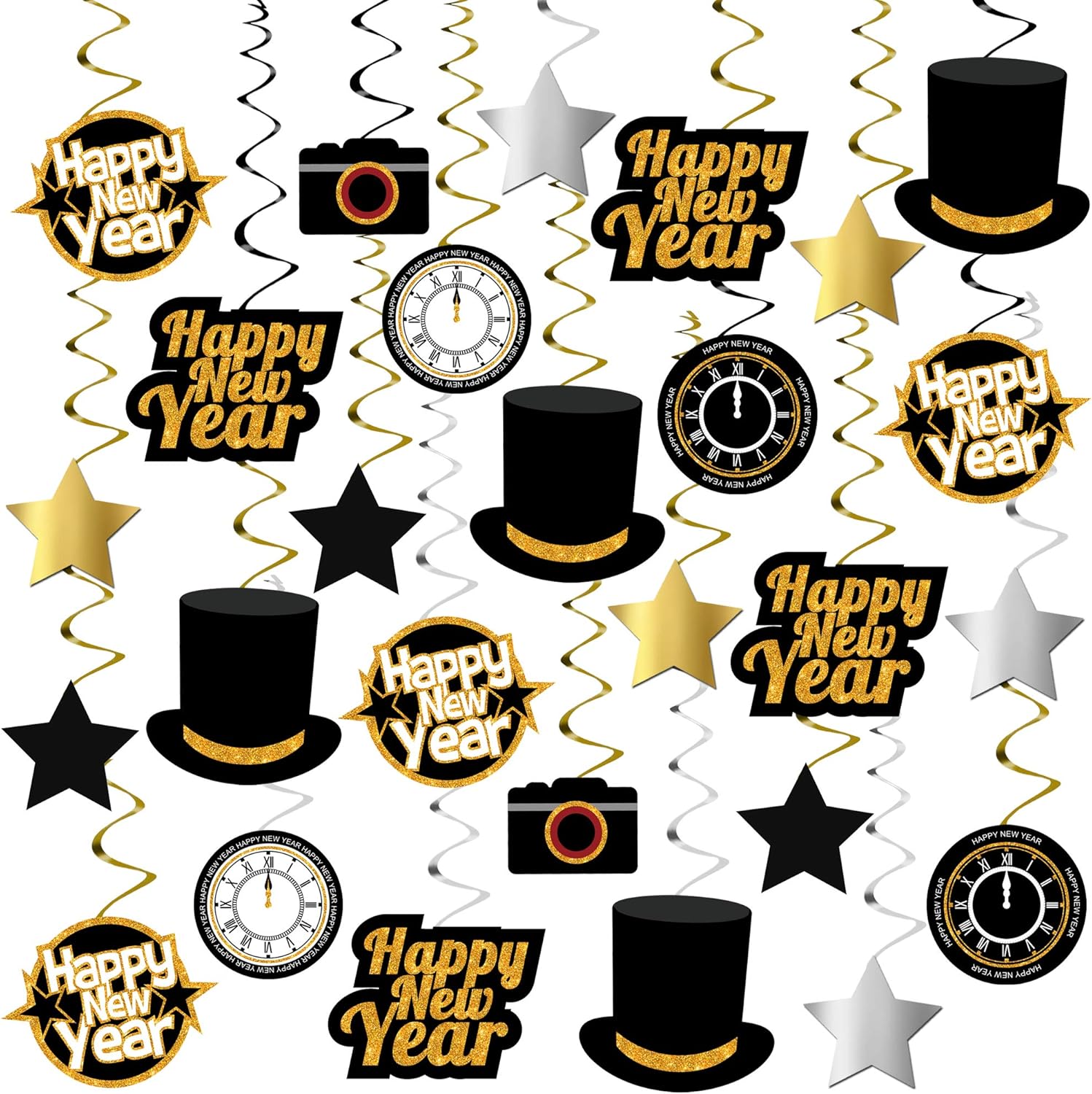 KatchOn, Remolinos colgantes de feliz año nuevo, paquete de 30  Suministros de fiesta de Año Nuevo negro y dorado 2024  Decoraciones de Año Nuevo