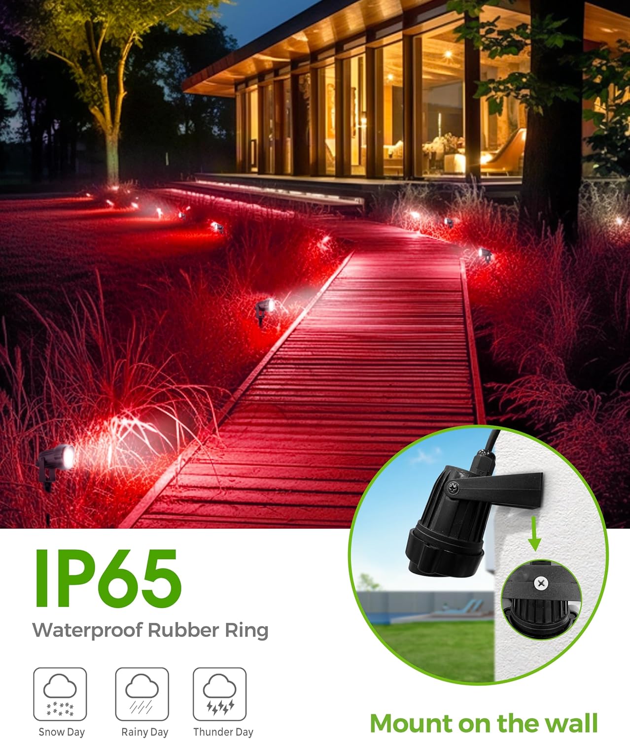 LOHAS – Foco rojo para exteriores, luces LED rojas para patio, encendido y apagado automático de 5 W 120 V, iluminación de paisaje para casa,