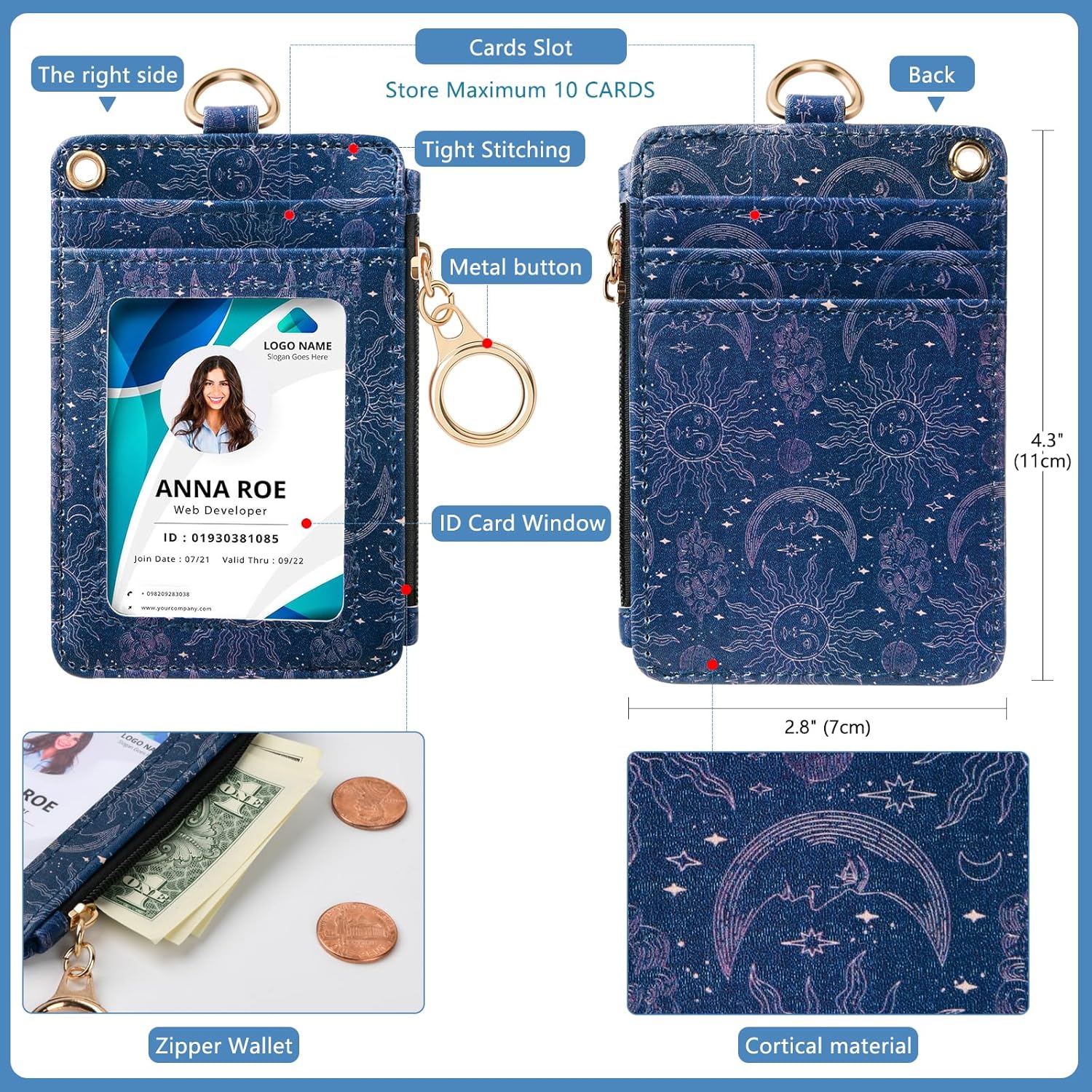 Cartera con cordón para tarjetas de identificación con cordones y correa para la muñeca, funda con bolsillo con cremallera para mujeres, hombres y