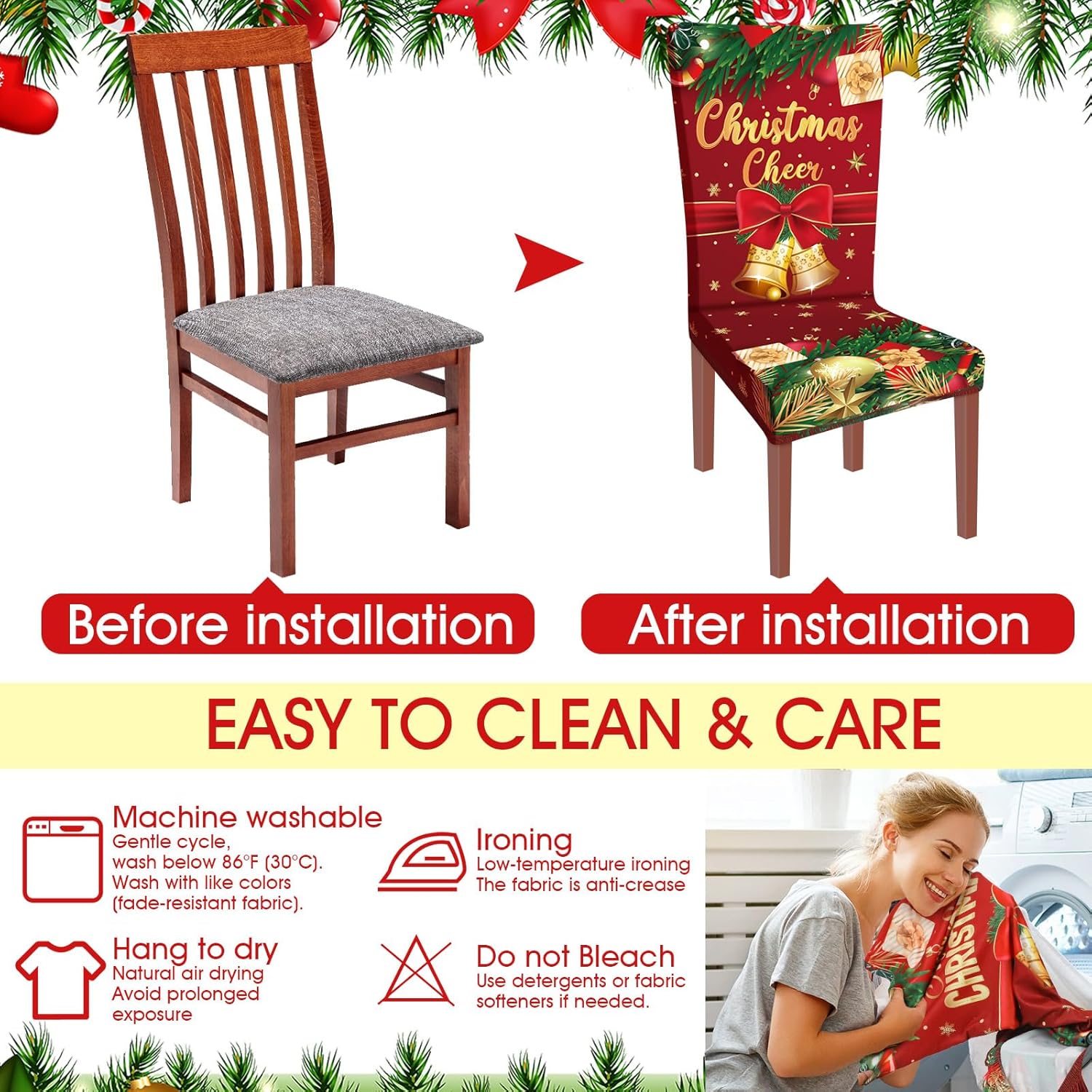 Ganeen 6 fundas navideñas para sillas de Navidad, cubierta trasera para silla, funda elástica para asiento de Navidad, lavable, para comedor,