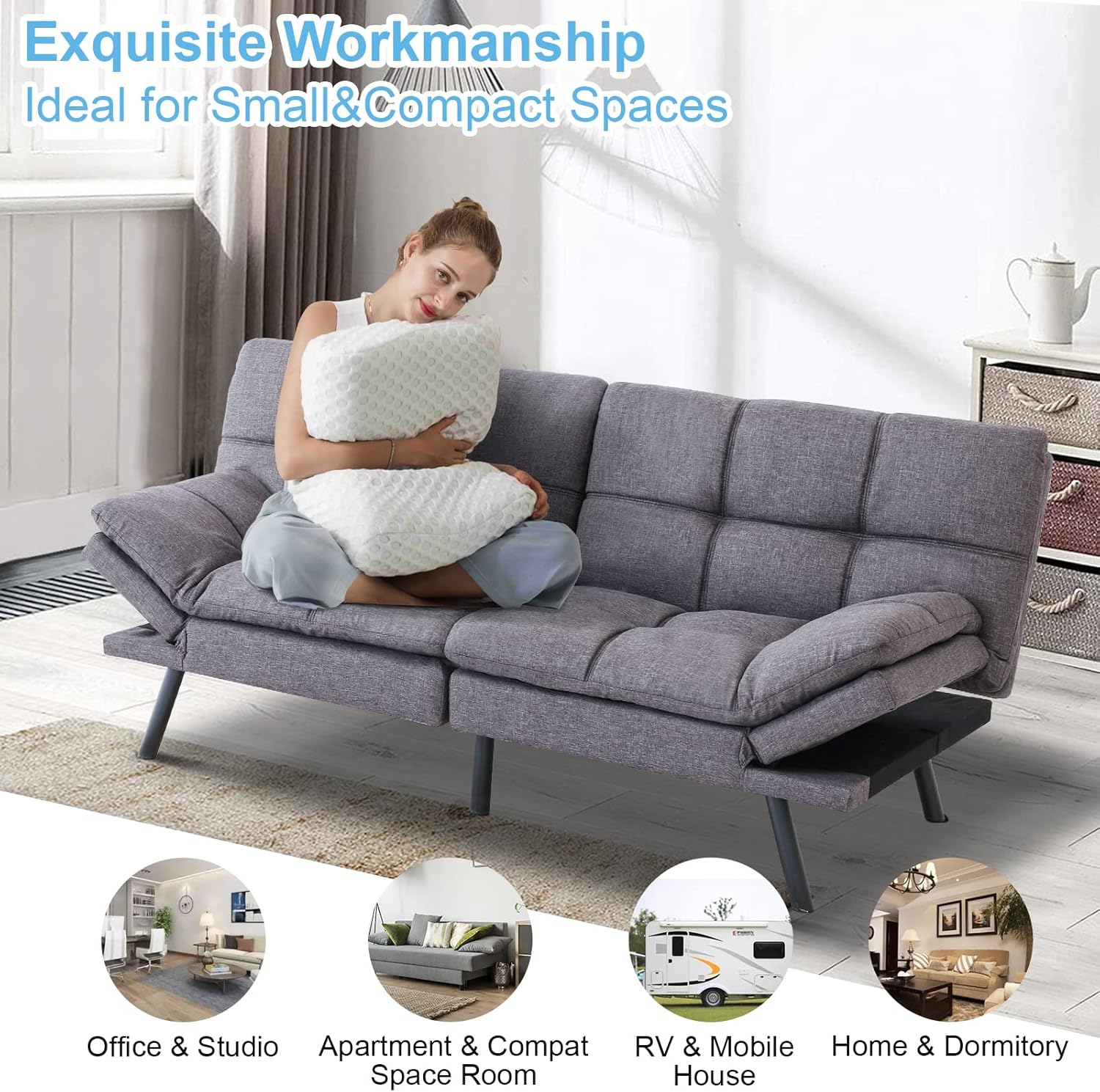 Opoiar, Moderno convertible, sofá de espuma viscoelástica, sofá biplaza futón, sofá de cama ajustable de lino transpirable, sofá cama ajustable de