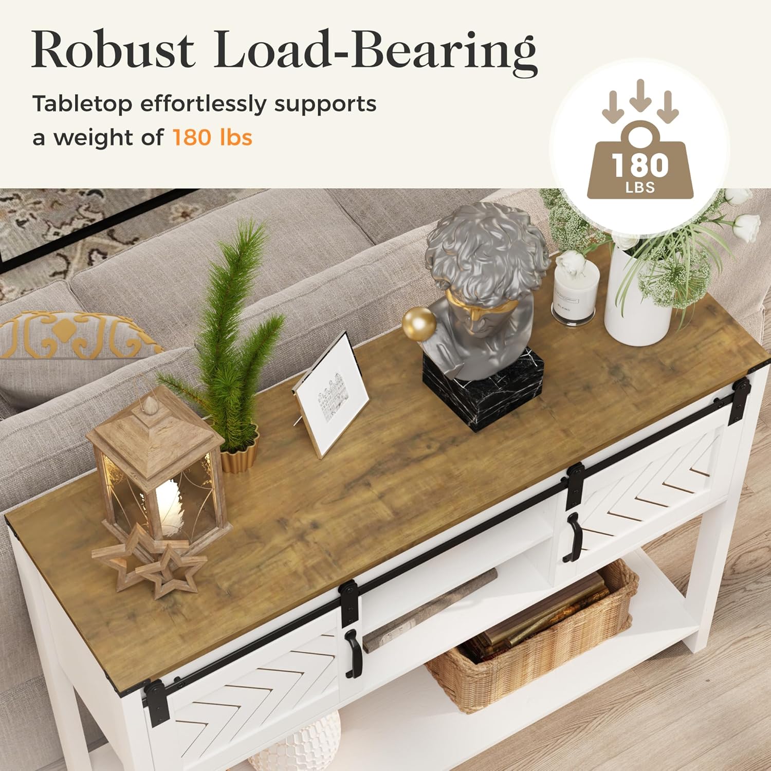 Mesa de entrada de granja con almacenamiento, mesa de consola de 46 pulgadas con puerta corrediza de granero, mesa de sofá rústica de madera con