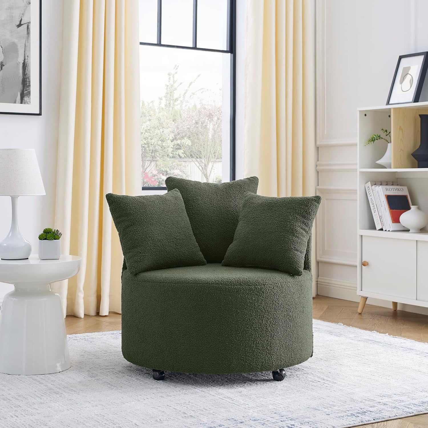 Ucloveria Silla giratoria redonda con ruedas móviles y 3 almohadas para sala de estar, dormitorio, verde