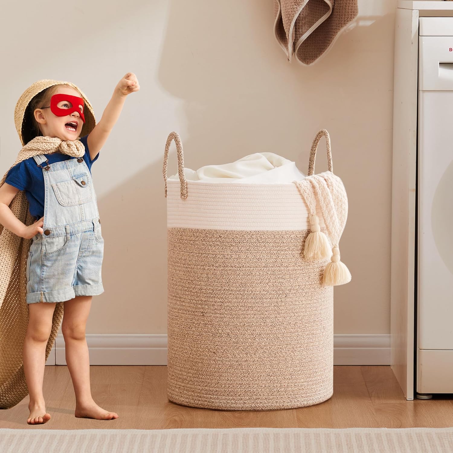 Cesta tejida para ropa sucia, cesta de cuerda alta de 60 litros para manta, cesta de ropa para dormitorio, cuarto de bebé, cesta de lavandería para
