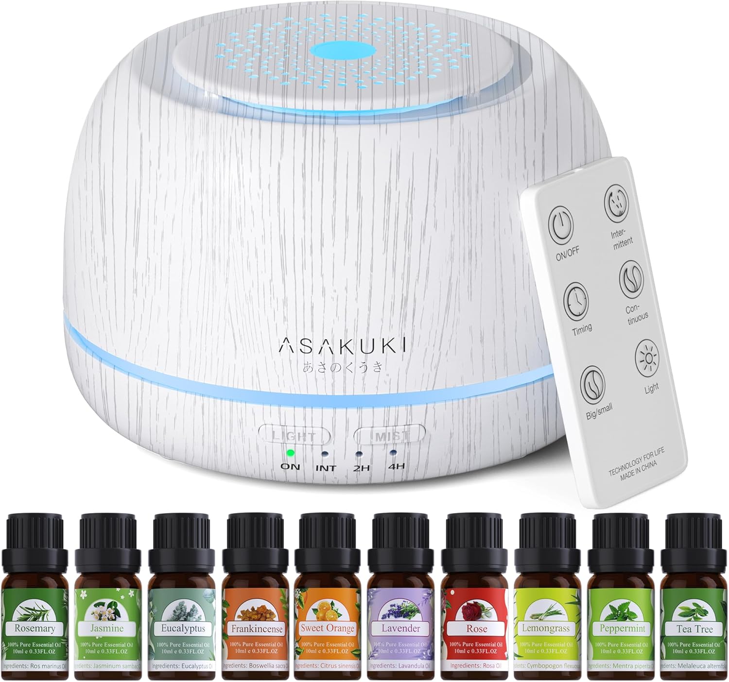 ASAKUKI Difusor de aceite esencial de alta calidad con juego de 10 aceites y control remoto, vaporizador humidificador ultrasónico de aceite