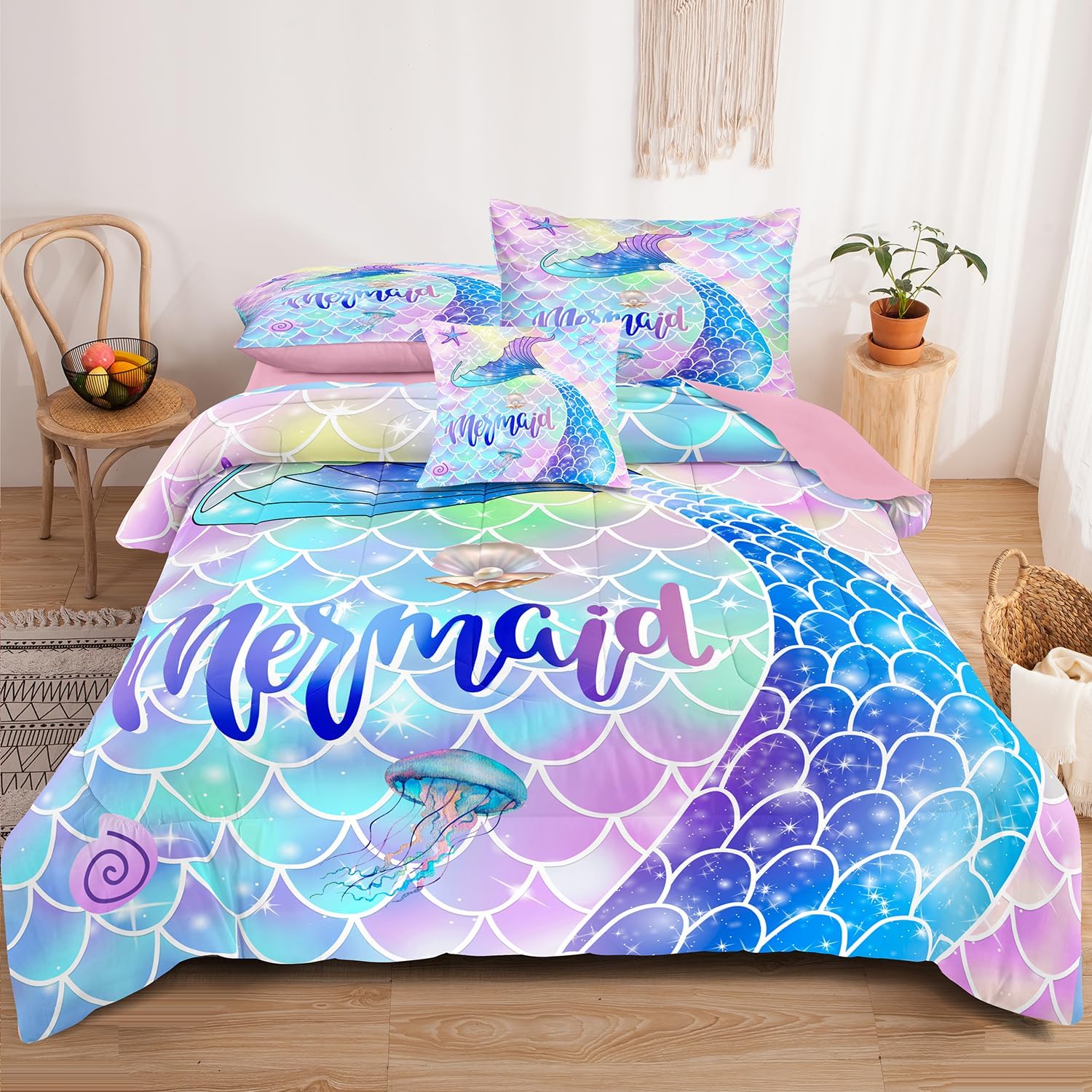 Juego de cama de 5 piezas en una bolsa para niñas, juego de edredón de sirena tamaño individual, juego de ropa de cama arcoíris colorido femenino,