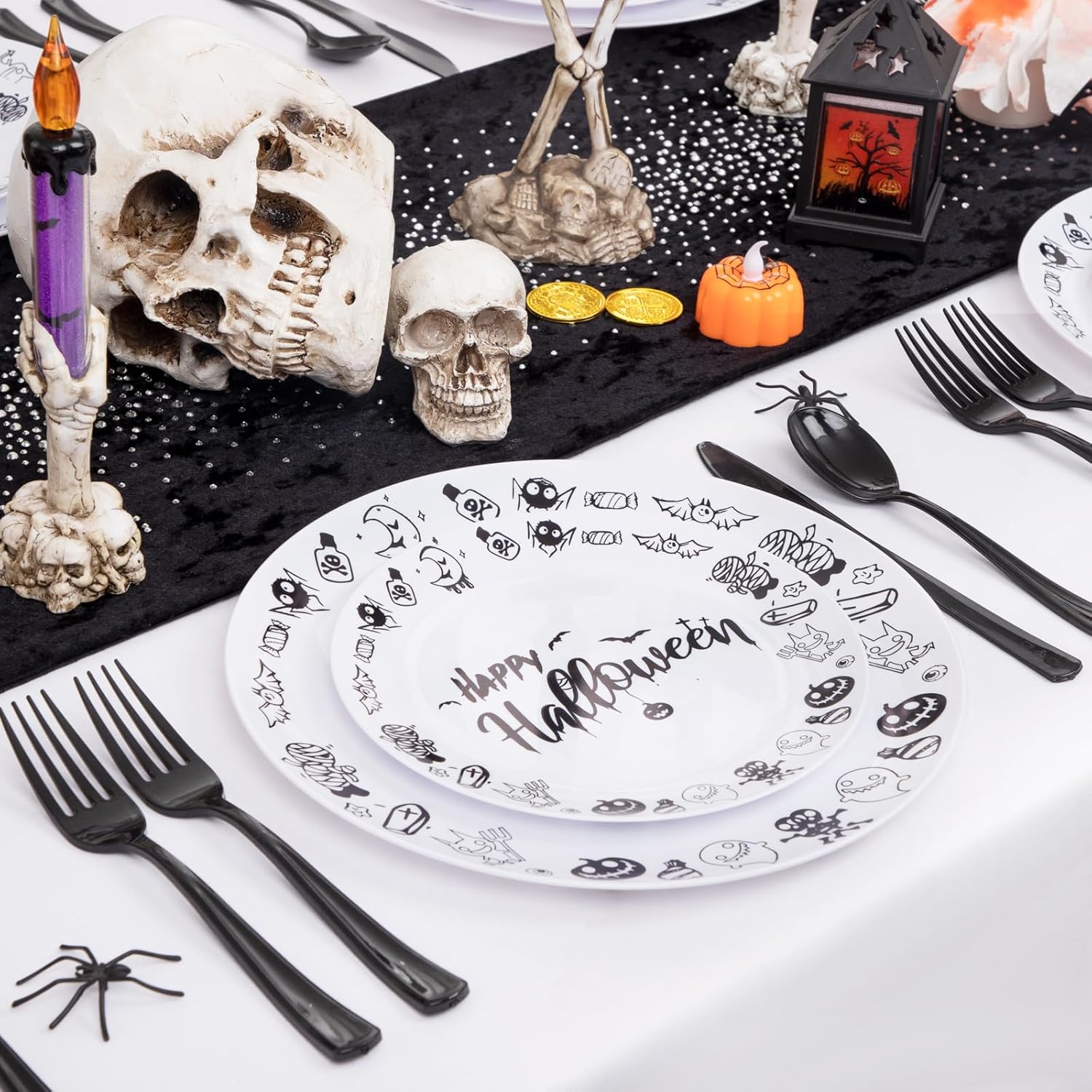 YOUBET 60 platos de Halloween, platos de plástico de Feliz Halloween, platos desechables blancos y negros, 30 platos de cena, 30 platos de postre,