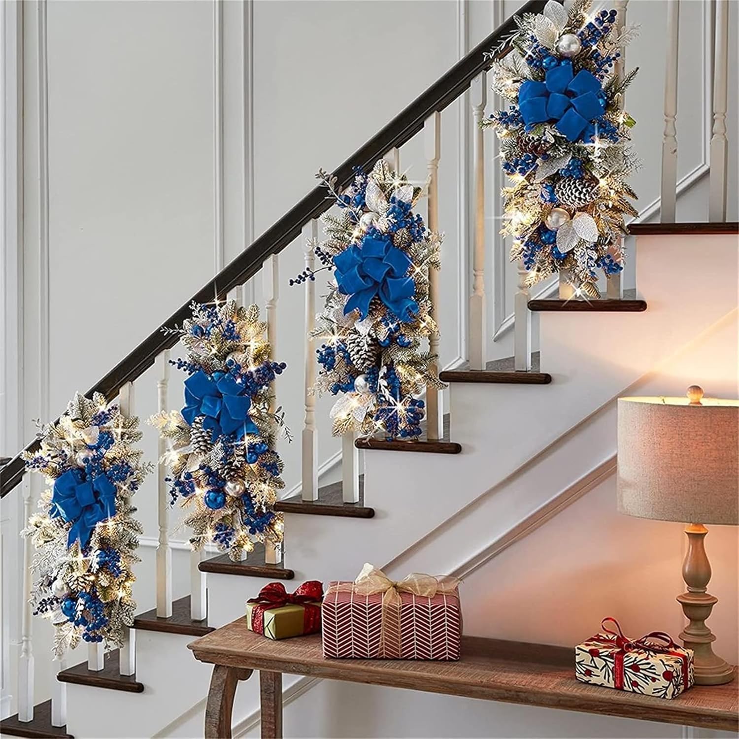 Borde de lágrima artificial de Navidad, festones de Navidad de gran tamaño, decoración de escalera de Navidad con luces LED, para puerta delantera,
