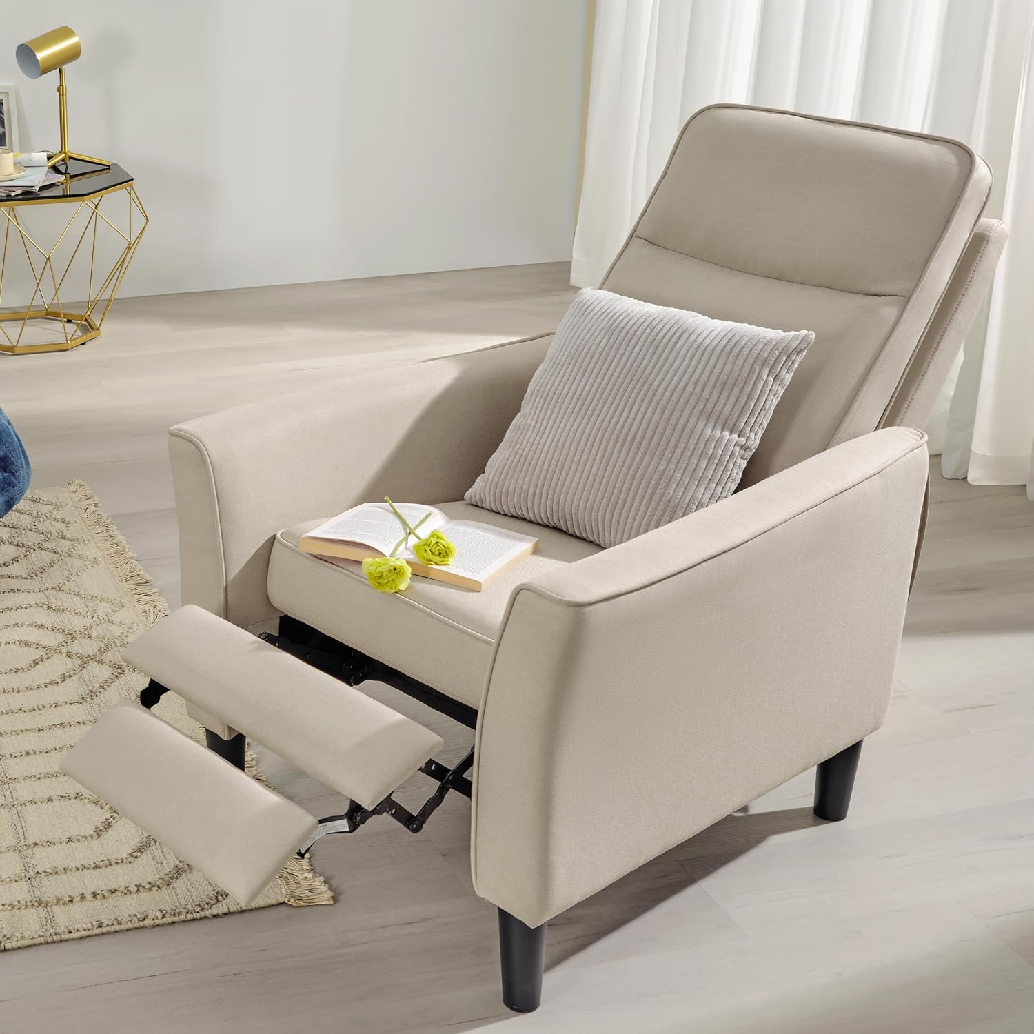 PrimeZone Silla reclinable de tela, sofá reclinable moderno de mediados de siglo, silla reclinable ergonómica ajustable con respaldo más grueso y