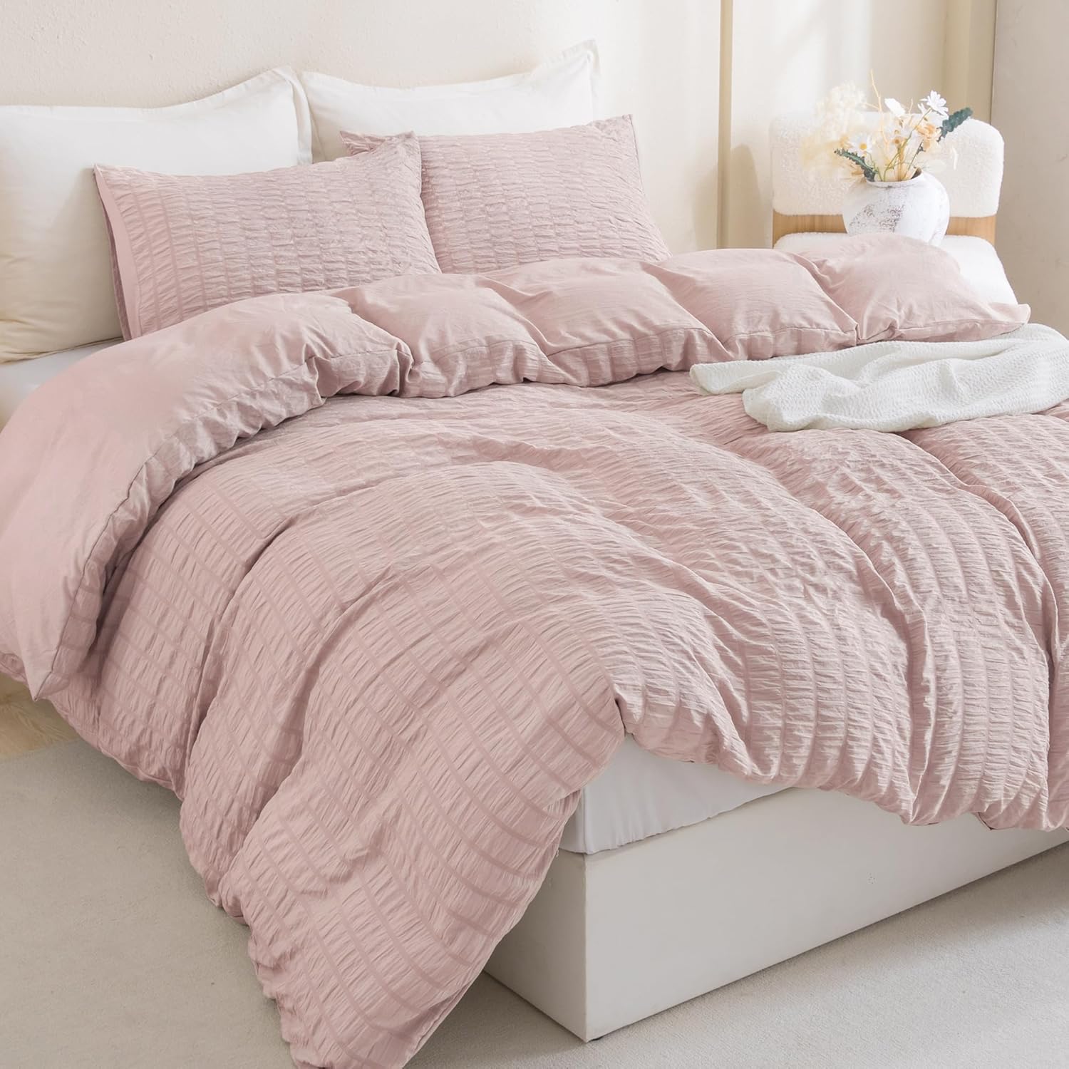 Litanika Juego de edredón tamaño California King de 3 piezas de color rosa rubor, juego de edredón ligero de sirsaca de verano, juego de cama