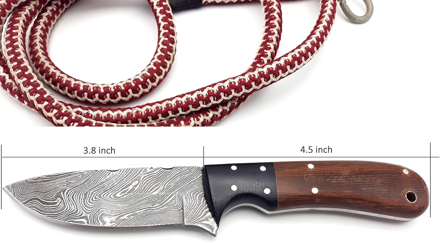Nooraki SK-62 Cuchillo de caza de Damasco hecho a mano de 8.5 pulgadas, hoja de espiga completa con karité de cuero, ideal para campamento,