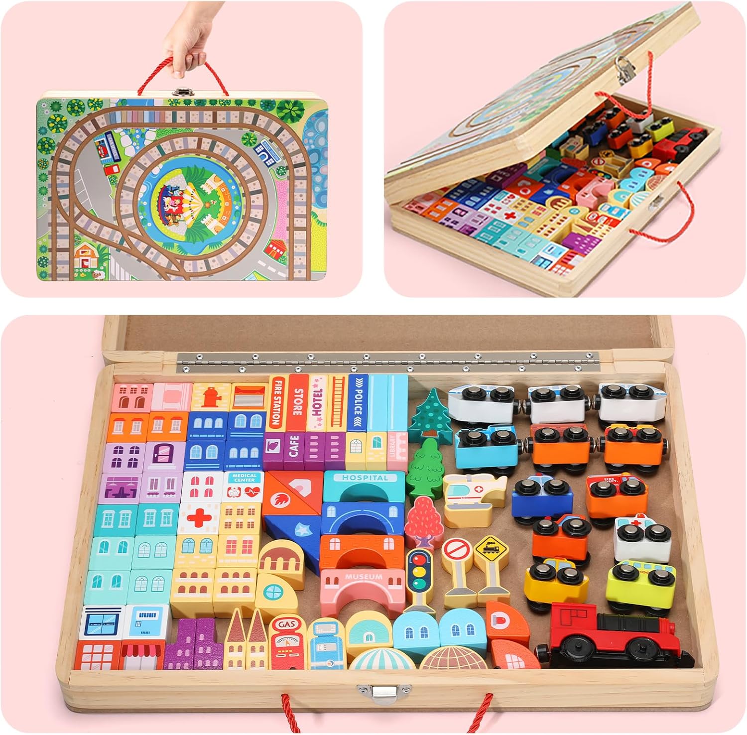 Juego de bloques de construcción de madera, tren eléctrico de construcción de ciudad, bloques apilables, juguetes educativos de aprendizaje