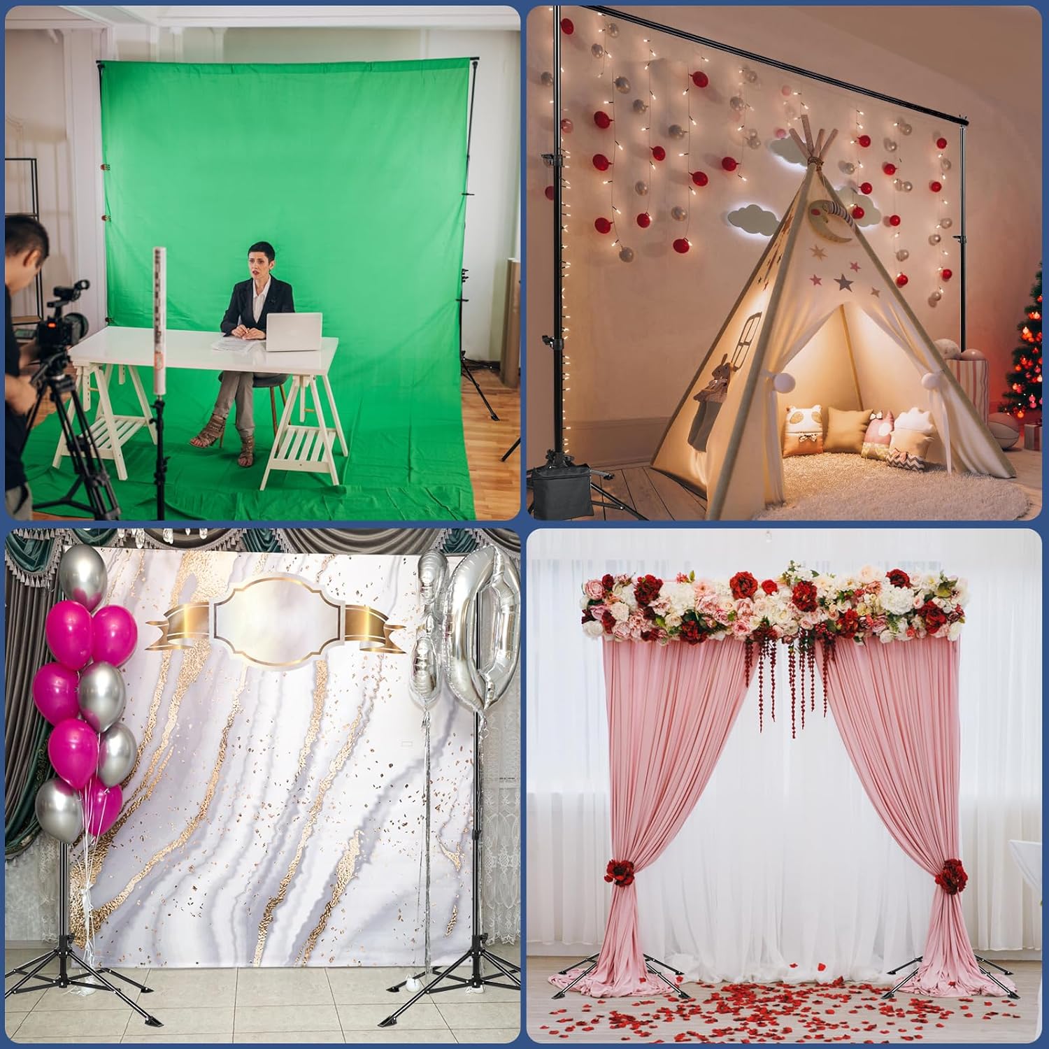 Soporte de fondo de cuatro patas de 6.5 x 10 pies, soporte de fondo de fotos de IFKDNR para fiestas, kit de soporte ajustable con 4 barras