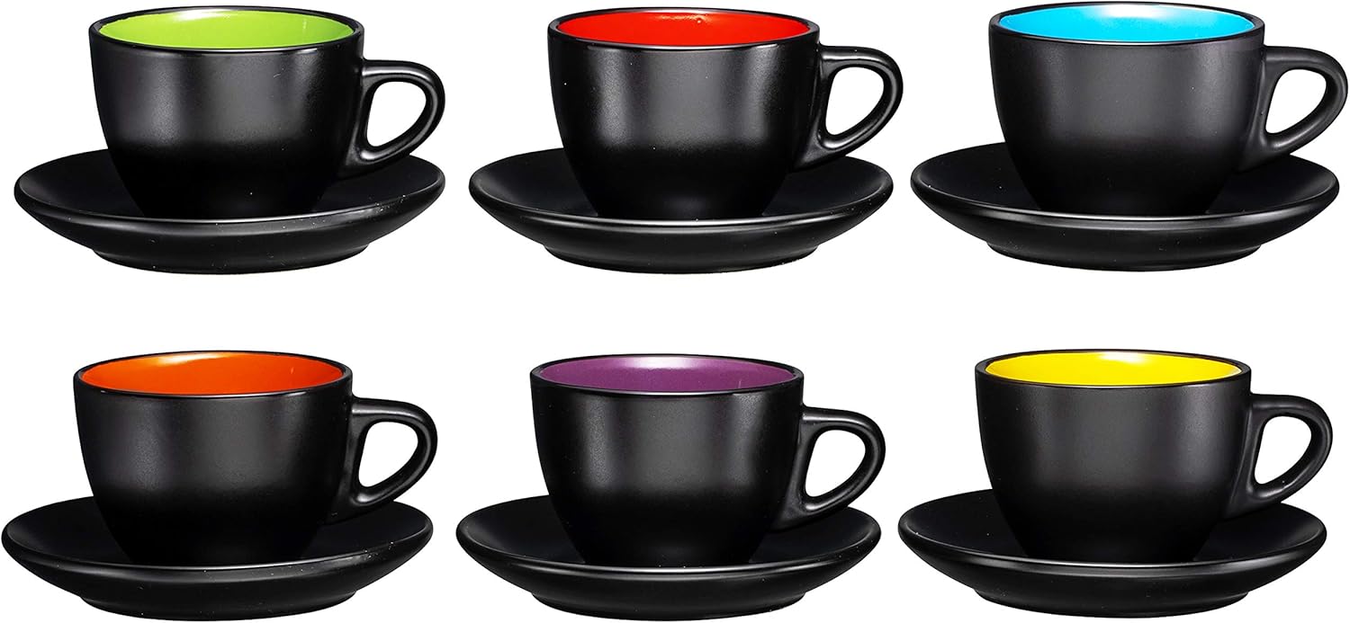 Bruntmor Juego de 6 tazas de capuchino con platillos de 6 onzas, color negro mate y de cerámica de 16 onzas, tazas de café negras mate para