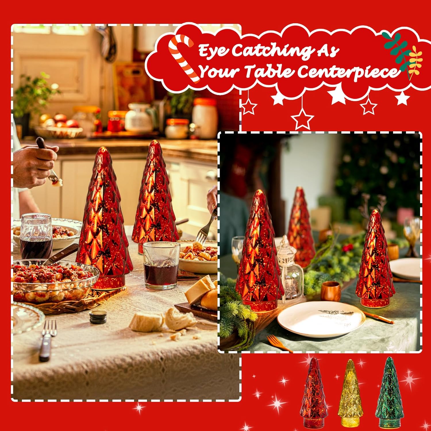 Árbol de Navidad de vidrio de mercurio, paquete de 2 decoraciones iluminadas para árbol de Navidad, centro de mesa de vacaciones, funciona con pilas