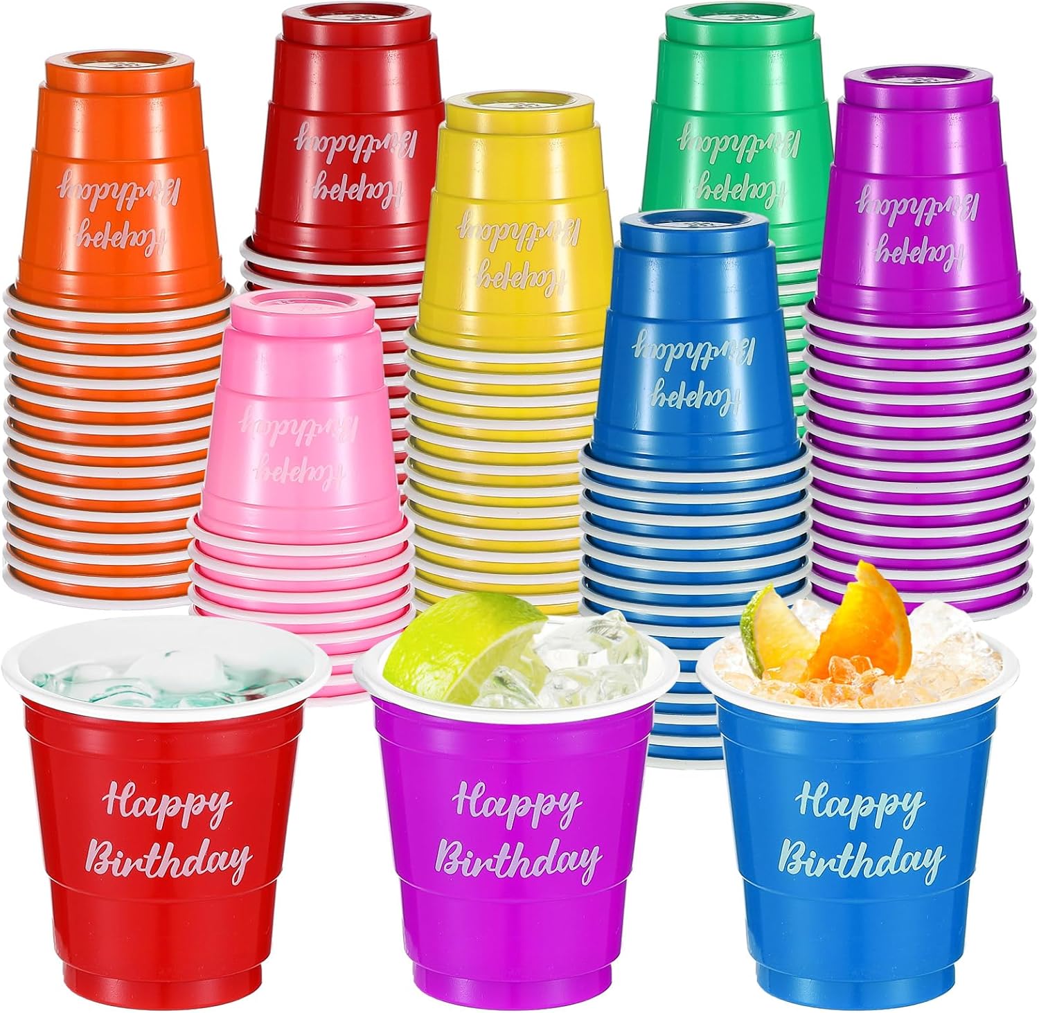 Suttmin 100 vasos de chupito de plástico de 2 onzas, vasos de chupito desechables multicolor, mini vasos para celebrar cumpleaños, tazas de alegría
