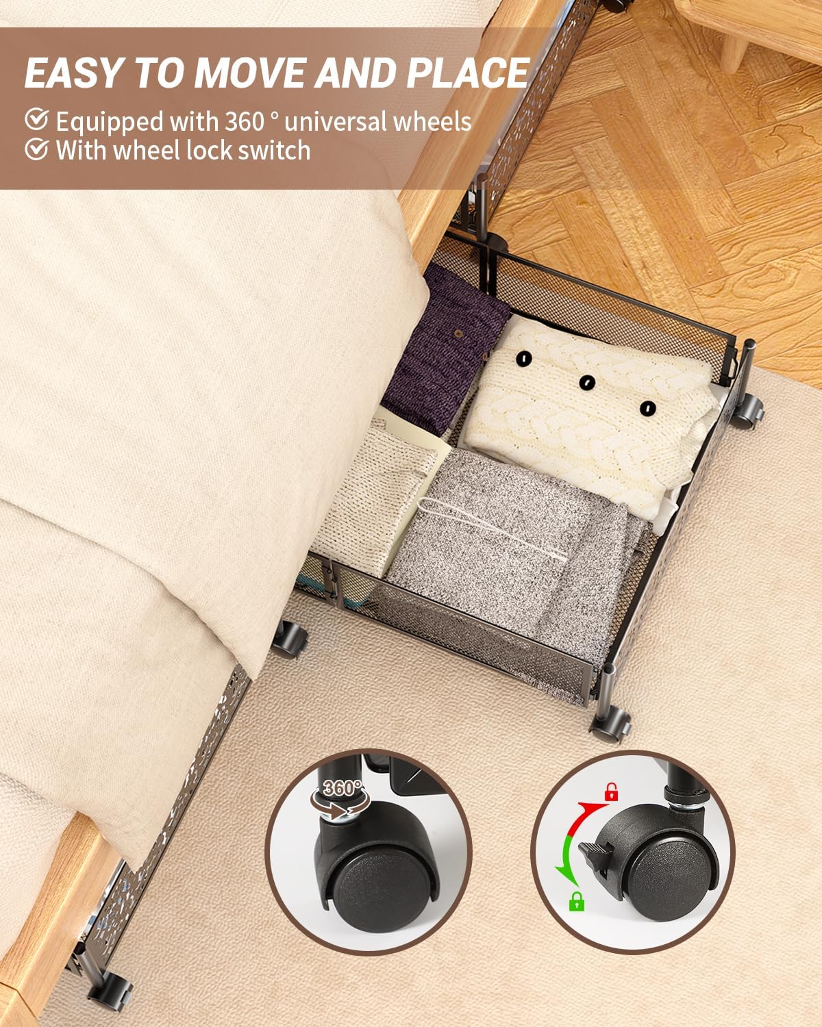 Almacenamiento debajo de la cama con ruedas, cajón de almacenamiento plegable debajo de la cama, montaje sin herramientas, contenedor de metal