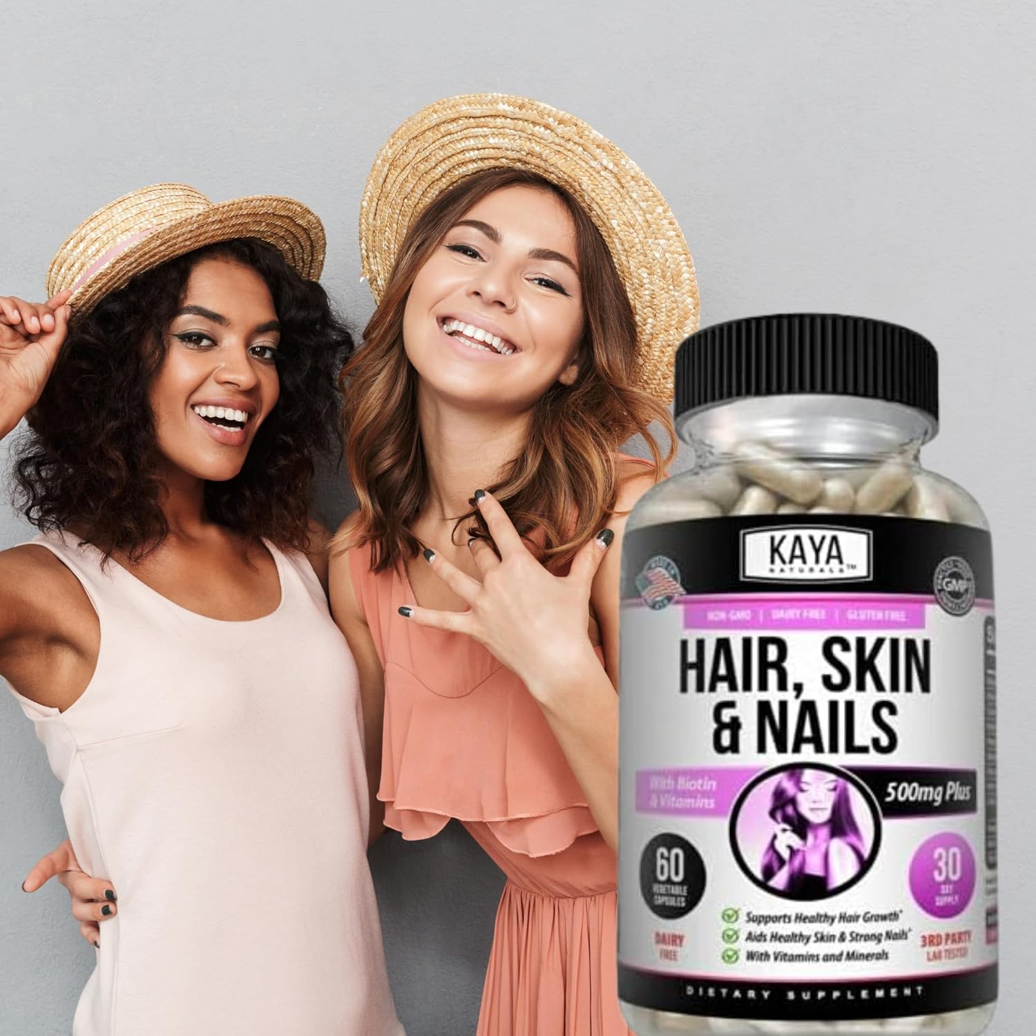 Kaya Naturals Cápsulas de uñas BIOTIN Vitamina D Vitamina B-12 A Apoyo de ácido fólico, Suplemento vitamínico de apoyo para el cabello