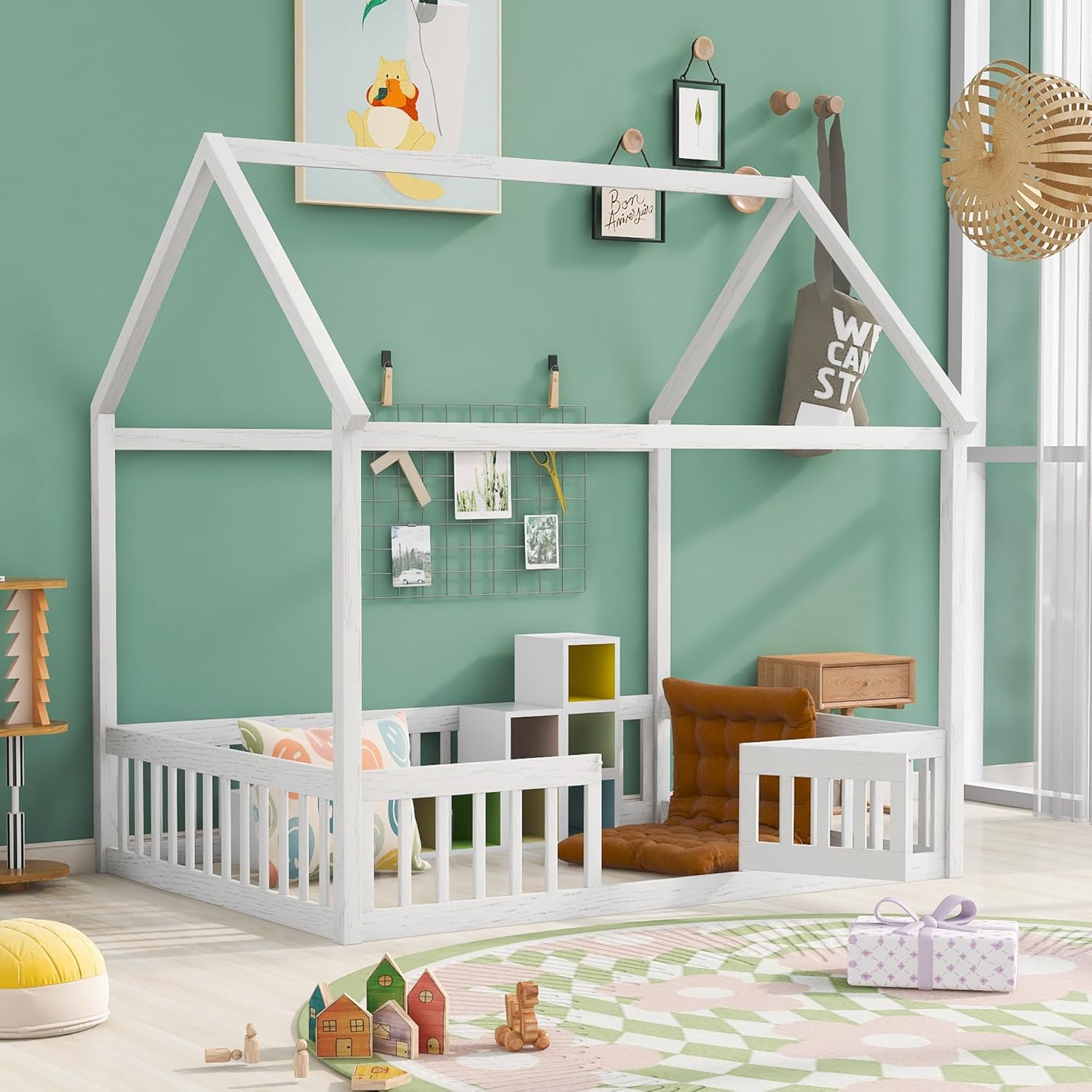 KLMM Cama de madera de tamaño matrimonial con valla y puerta, marco de cama de madera para niños o niñas, se puede decorar (valla blanca + puerta)