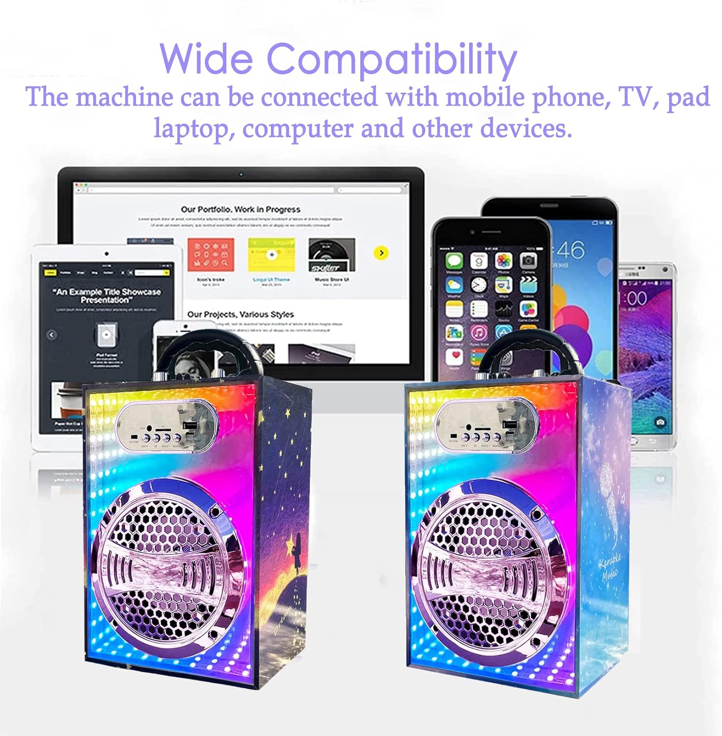 KaraMuizi Bluetooth Karaoke Machine for Kids and Adult, Mirror Surface Wooden Wireless Singing Speaker with 2 Microphones Dancing Light for Party