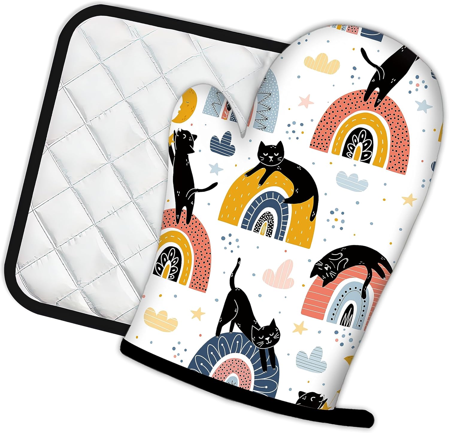 Guantes de horno y soportes para ollas con diseño de gato negro y arcoíris, juego de 2 piezas de almohadillas resistentes al calor para hornear,