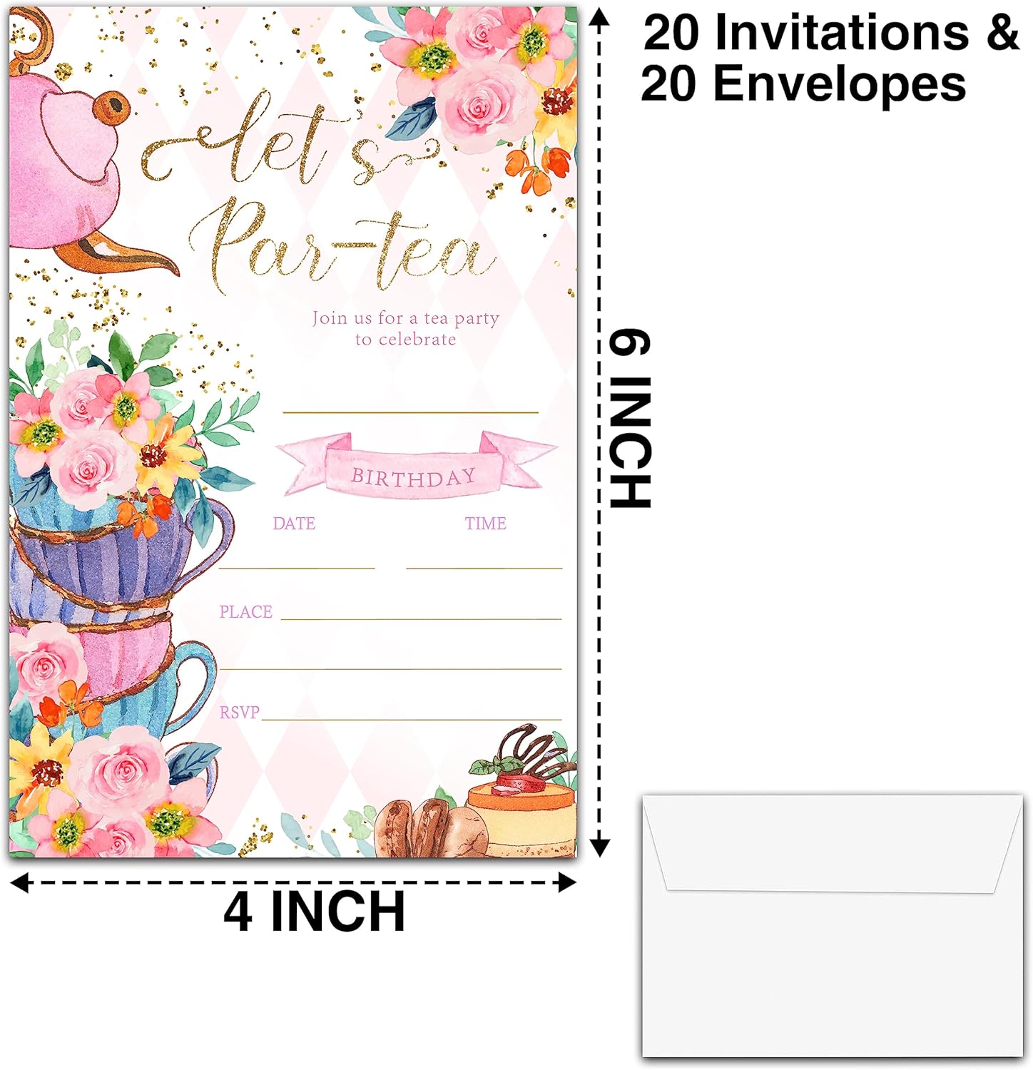 Par-tea Invitaciones para fiesta de cumpleaños, 20 tarjetas de invitación con sobres, 4 x 6 pulgadas, invitaciones de cumpleaños de té floral para