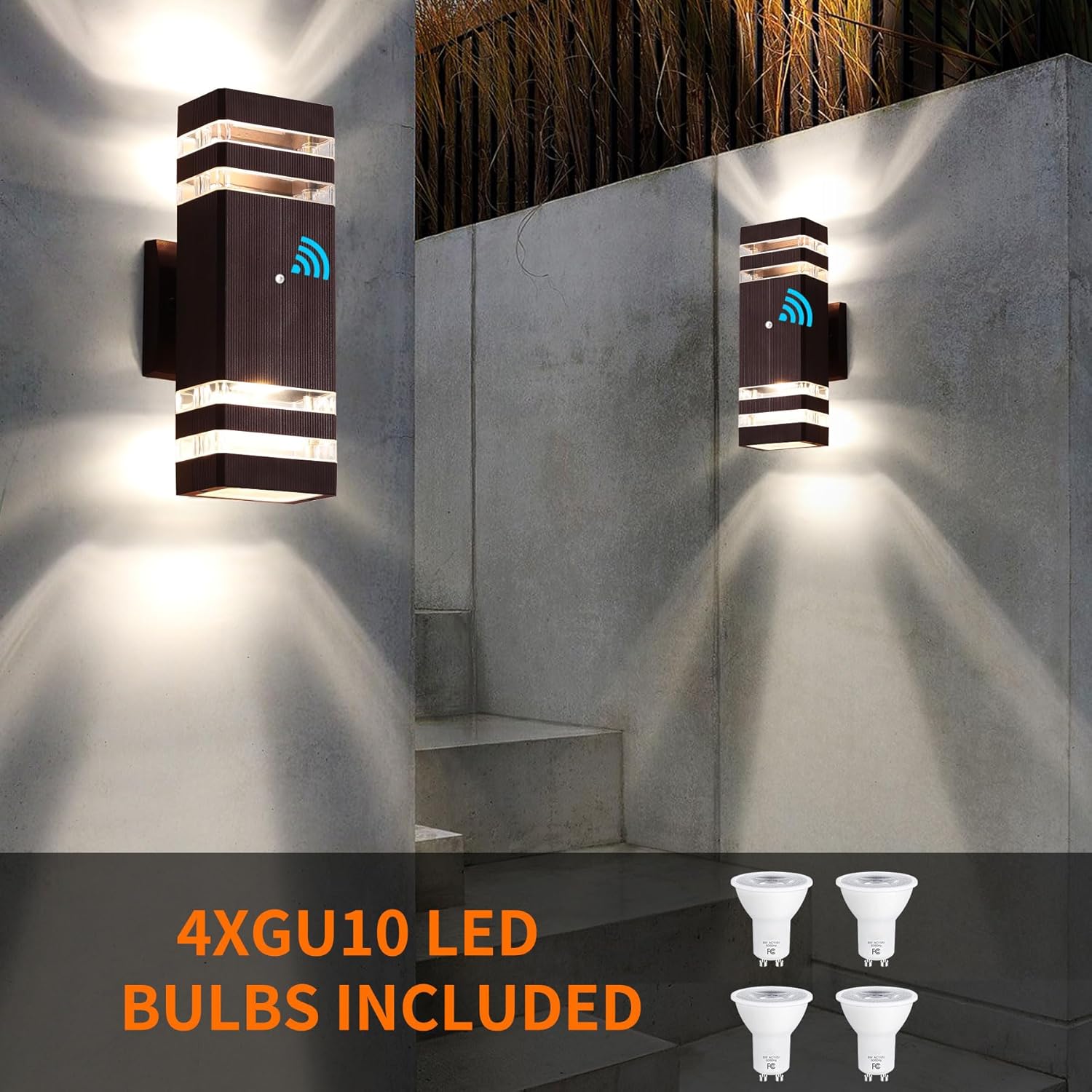 tewei Paquete de 2 luces de pared para exteriores, iluminación LED moderna del anochecer al amanecer, 2 capas, luces marrones para exteriores para