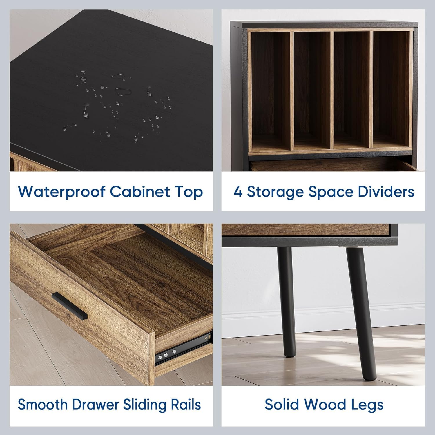Semiocthome Soporte para tocadiscos con caja de almacenamiento de vinilo anidable, mesa para tocadiscos con cajón y patas de madera maciza, mesa