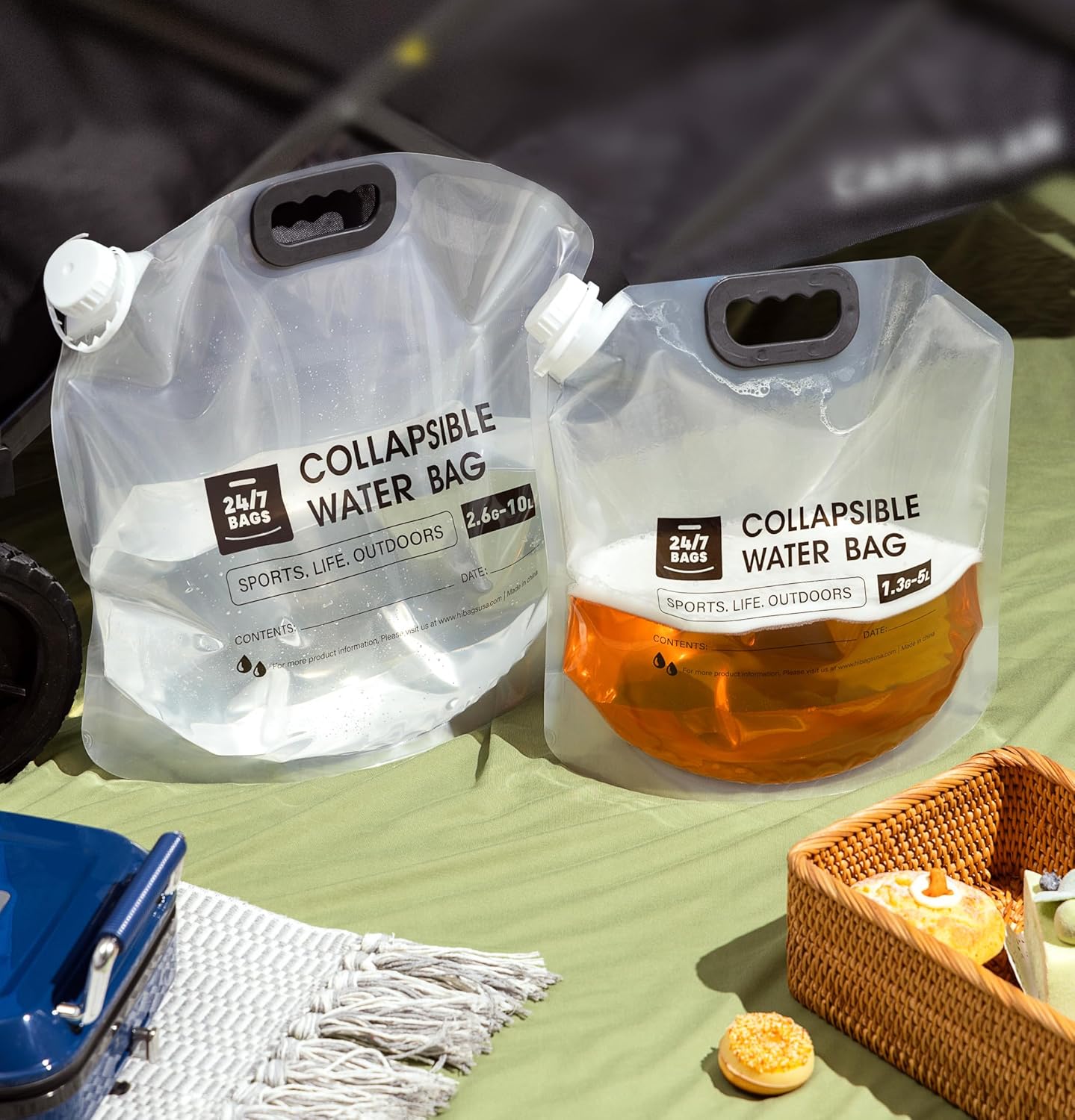 Paquete de 4 bolsas plegables para contenedores de agua de 1.3 galones5 litros, resistente con asas de transporte, caminatas, viajes, emergencias