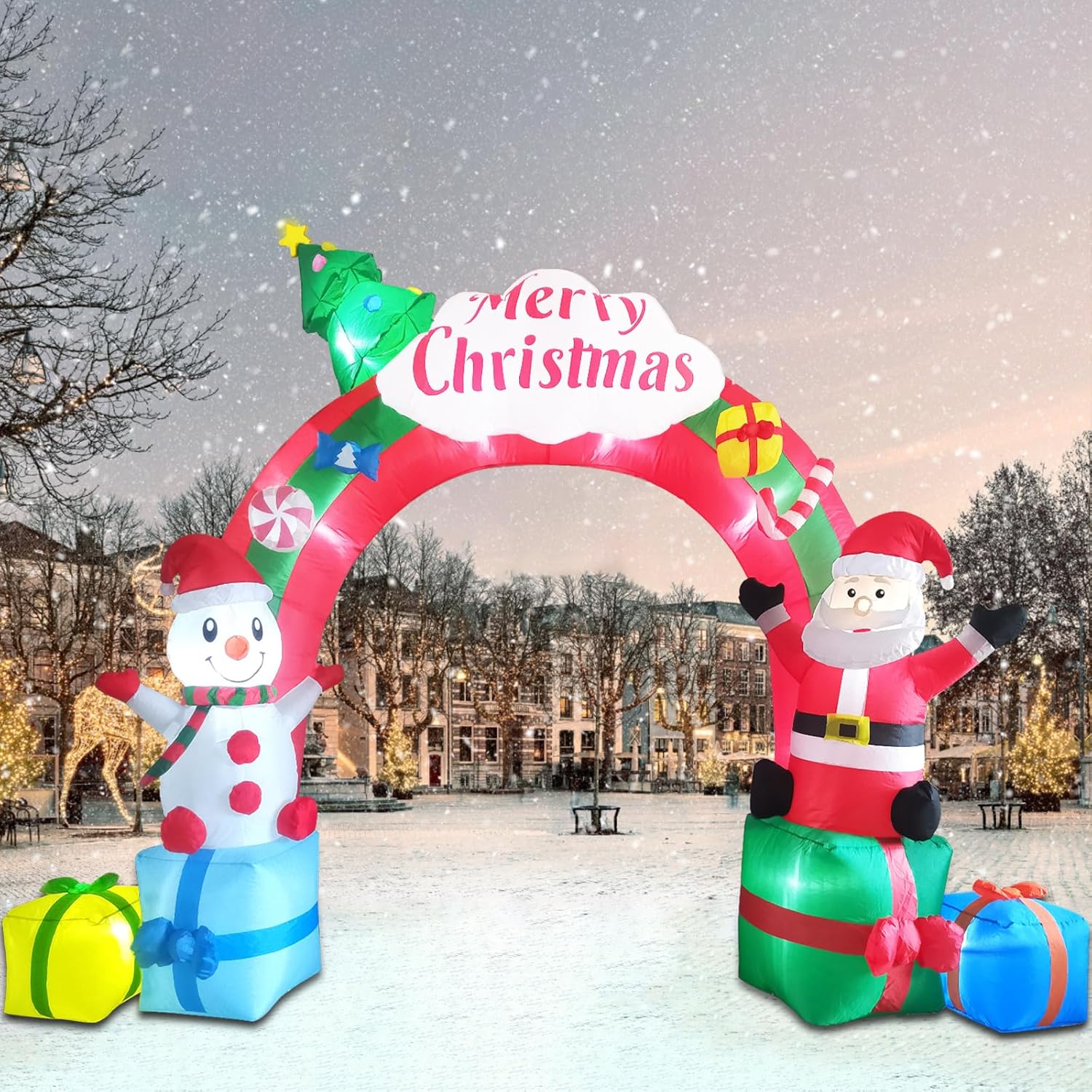 Arco inflable de Navidad de 12.5 pies, Papá Noel inflable y muñeco de nieve sentado en cajas de regalo, arco de Navidad inflable para decoración de