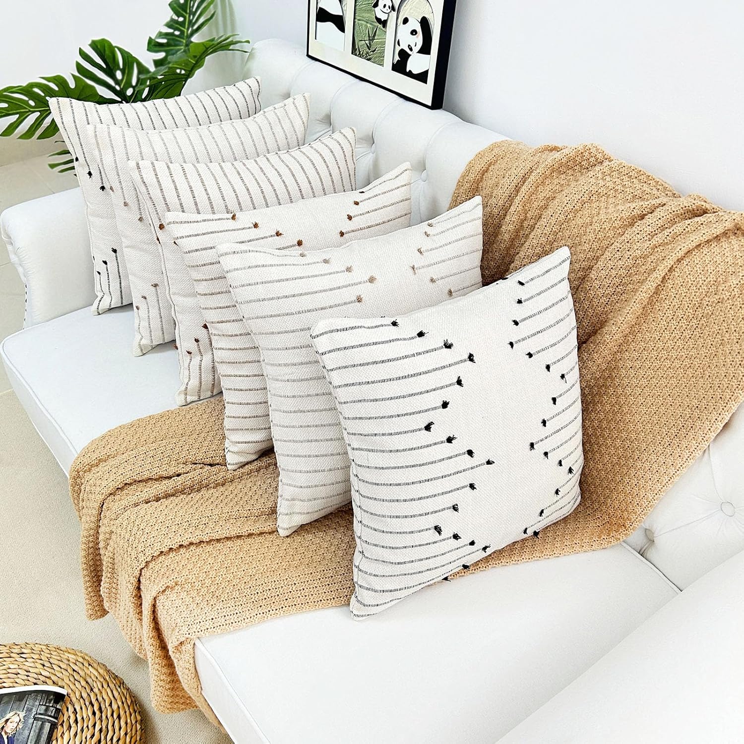 LMYUHONG Juego de 2 fundas de almohada bohemias de 18 x 18 pulgadas, modernas, rústicas, de lino y algodón, decorativas, color blanco, funda de