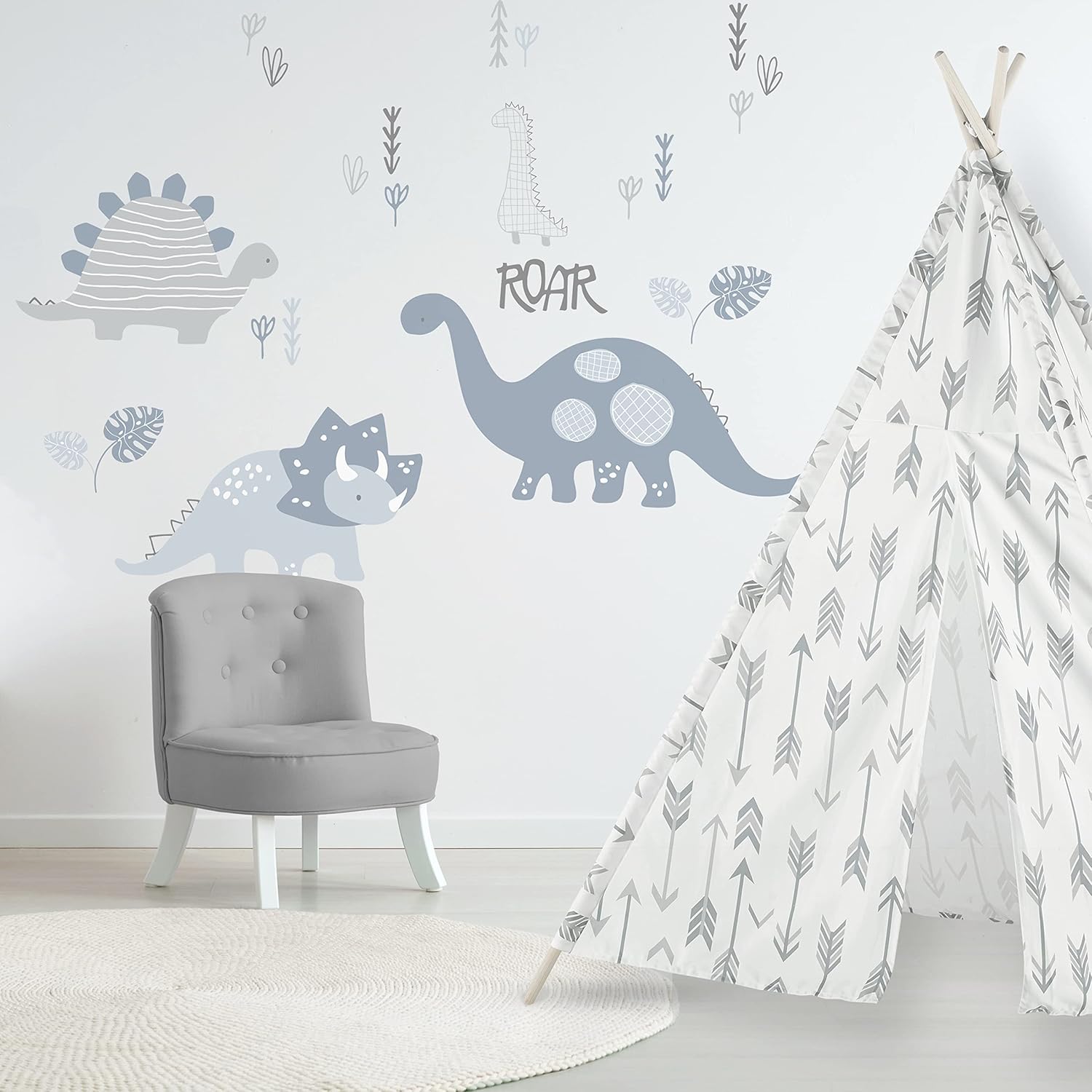 Levtex Baby – Kipton Vinilo Decorativo de Pared – Dinosaurios, Hojas – Gris, Blanco, Azul – Accesorios para guardería – Tamaño 36 x 33 pulgadas.