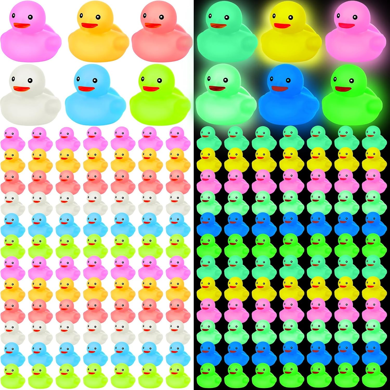 Deekin 240 patos de goma que brillan en la oscuridad, operación a granel, patos de goma fluorescentes de Navidad, juguete chirriante para tina de