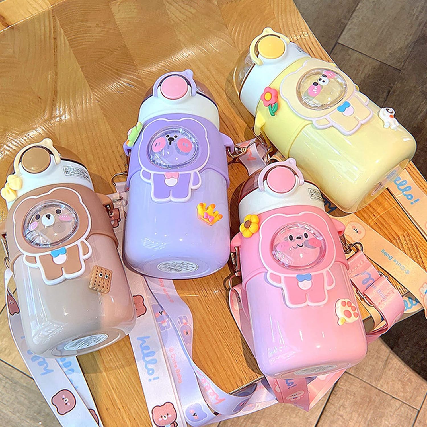 Camidy Kawaii Bear – Botella de agua con popote y correa para el hombro, a prueba de fugas, de acero inoxidable al vacío, sin BPA, lindas botellas