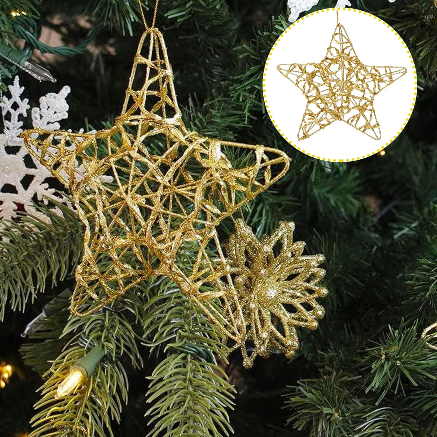 Juego de 18 piezas de adornos dorados de estrella para árbol de Navidad de 4 pulgadas, juego de decoración de árbol de Navidad con purpurina dorada