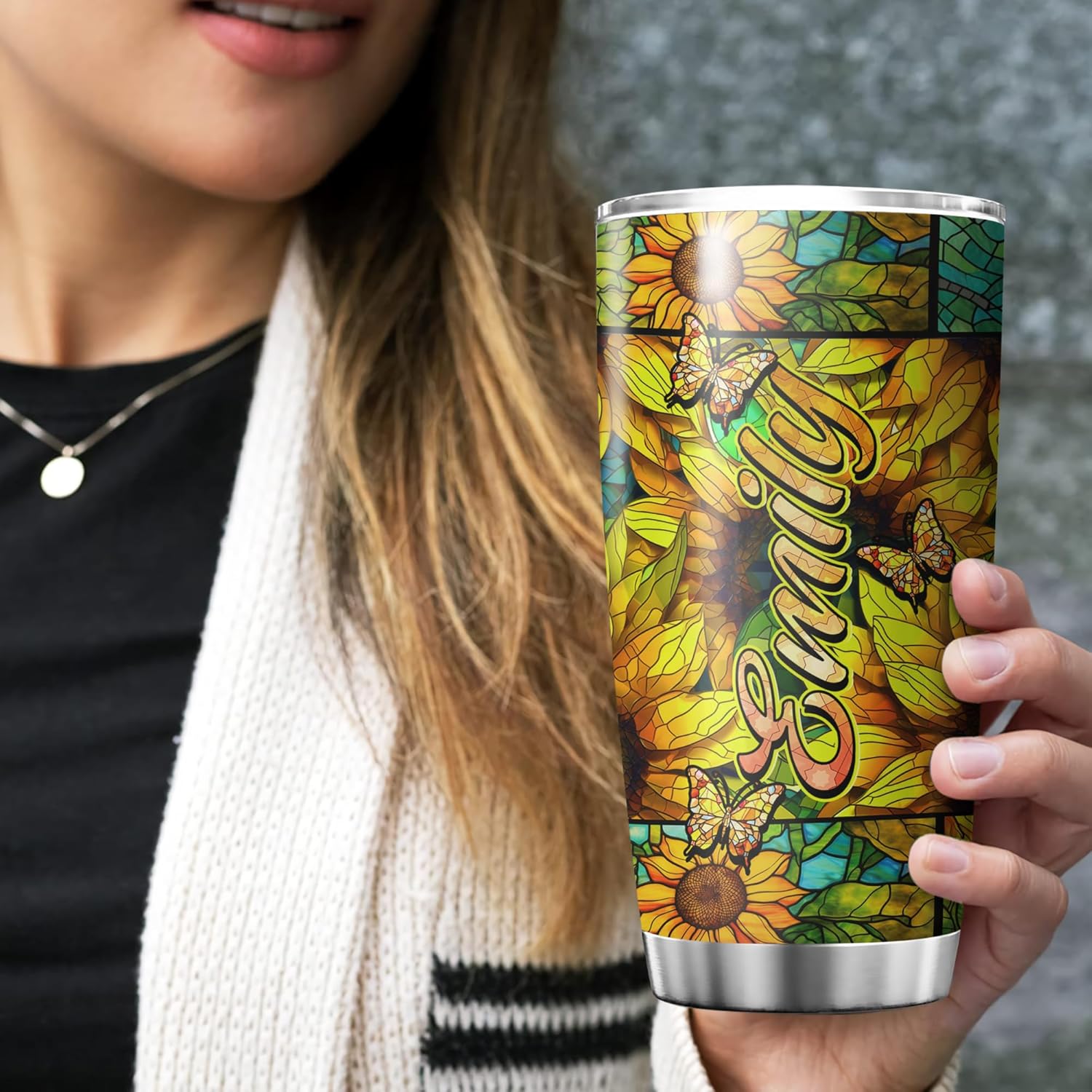 La Fonte Vaso de girasol personalizado, vaso temático de vidrieras de girasol, taza de café para amantes de los girasoles, taza de viaje de girasol,
