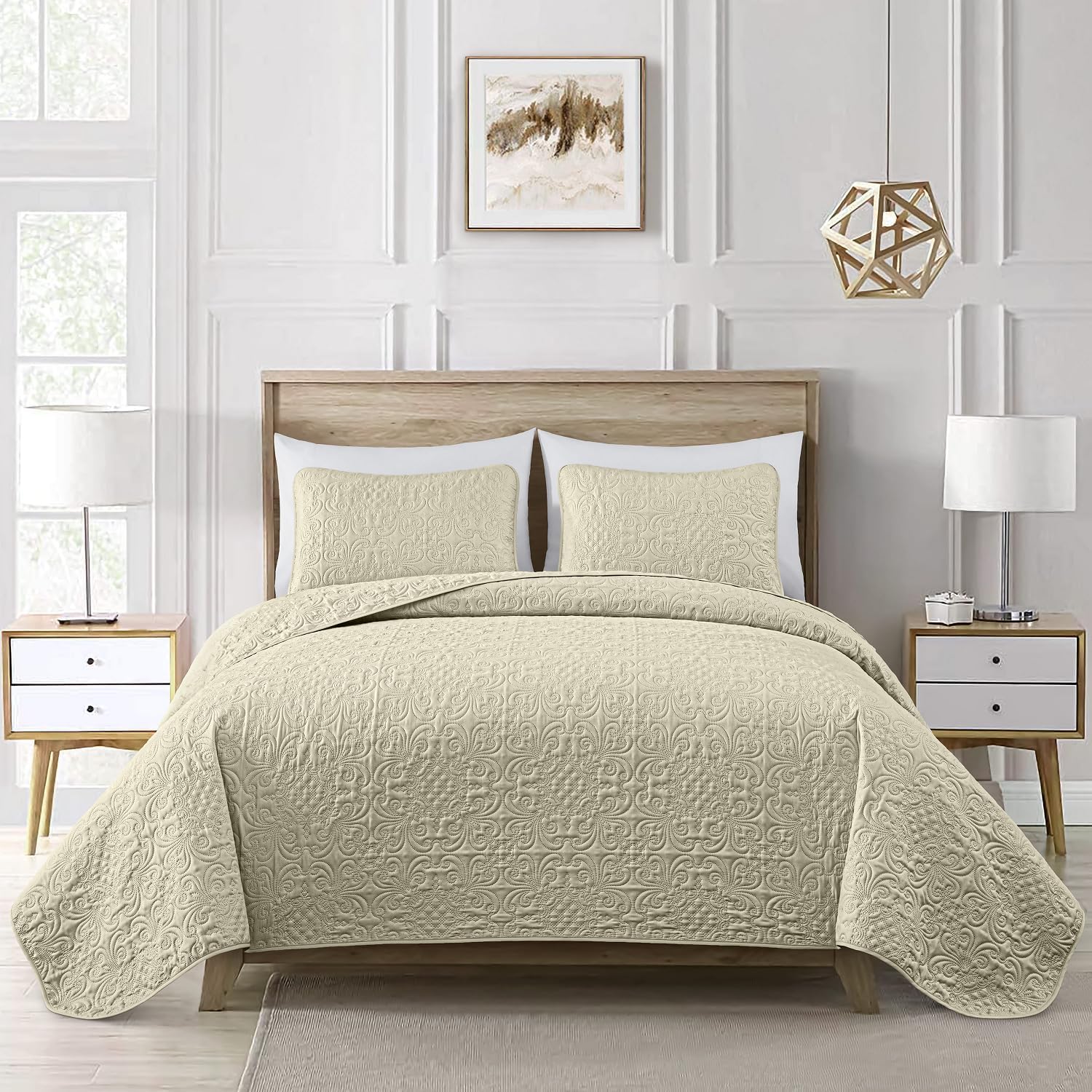 Chezmoi Collection Luca – Juego de edredón tamaño Queen de 3 piezas, color beige, suave, ligero, de verano, tamaño Queen, de 100 x 106 pulgadas,