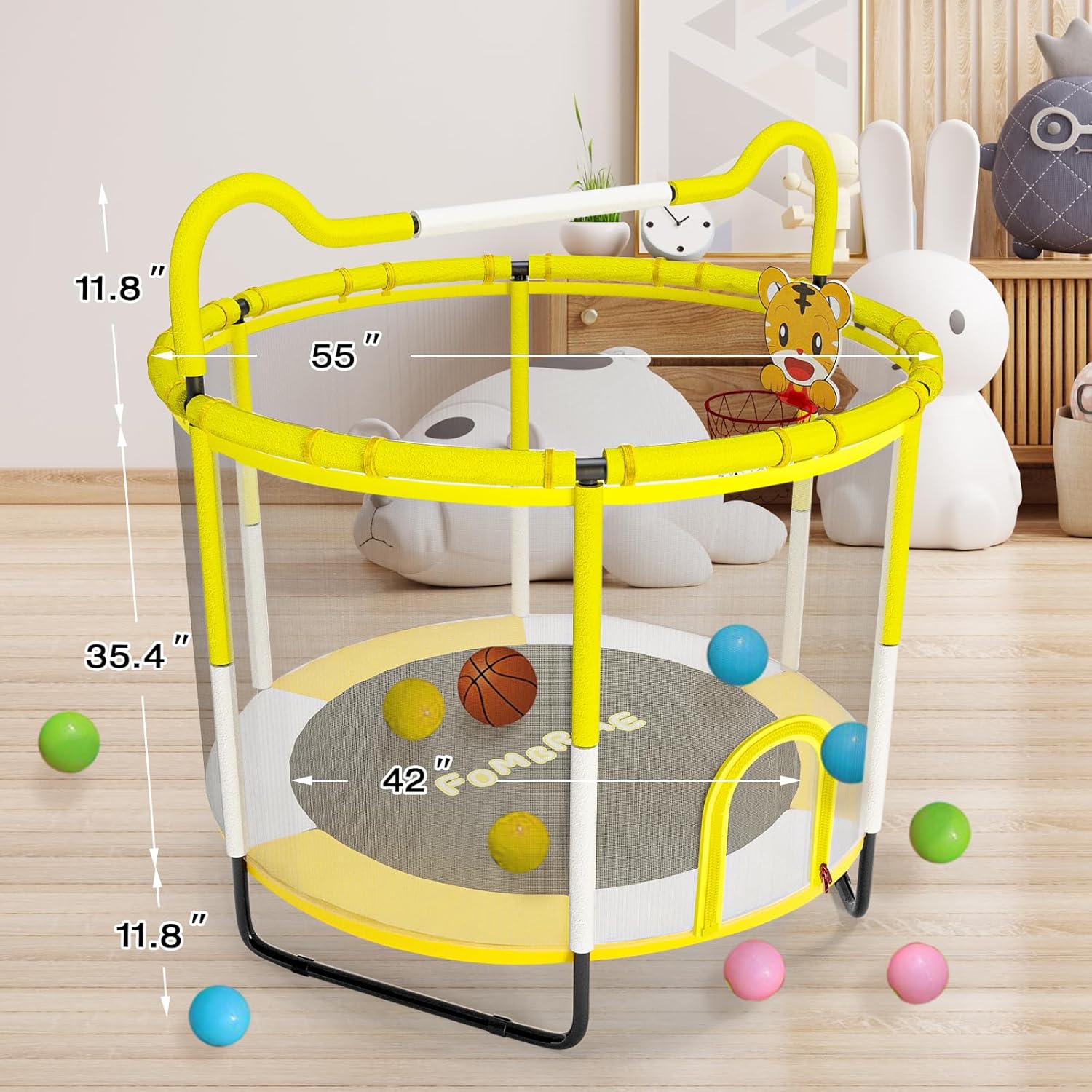 FOMBRIAE Trampolín de 55 pulgadas para niños, trampolín para interiores y exteriores de 4.5 pies con red de cierre, mini trampolín para bebés con