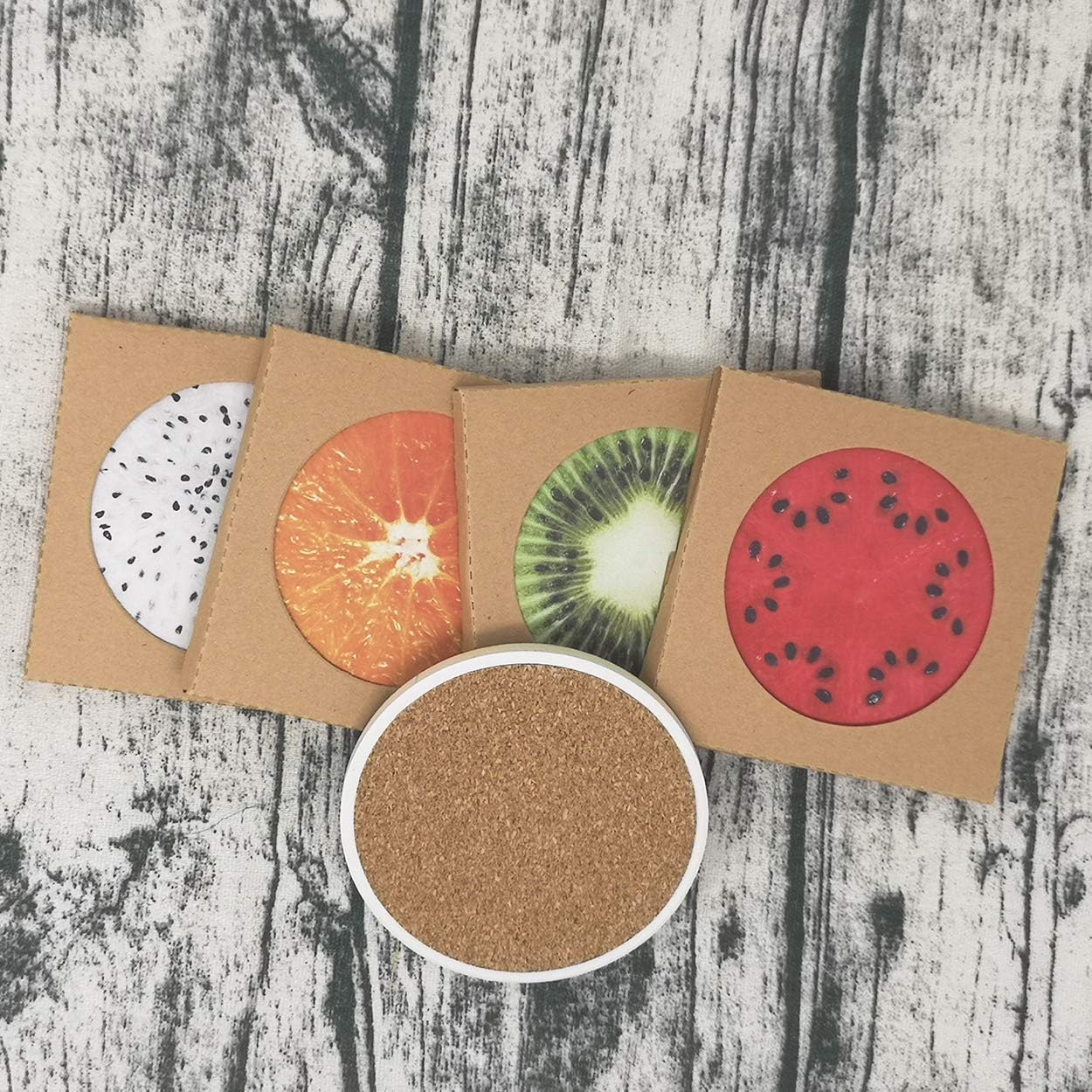 Posavasos para bebidas, 4 piezas, divertido juego de cerámica absorbente de piedra, kiwi fresco, fruta del dragón, sandía, naranja, posavasos para