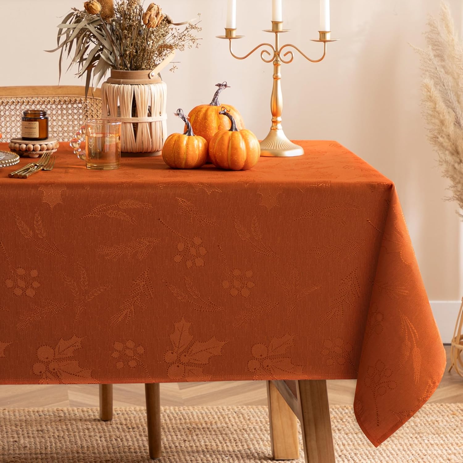 joybest Mantel rectangular de otoño de 60 x 84 pulgadas, mantel de jacquard con hojas de otoño, impermeable, lavable, para decrociones de otoño,