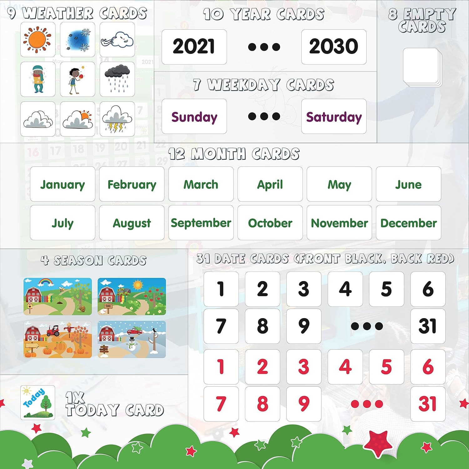 Calendario y tabla de bolsillo para el clima, incluye 4 carteles exclusivos y 142 tarjetas, calendario infantil para aula y educación en el hogar,