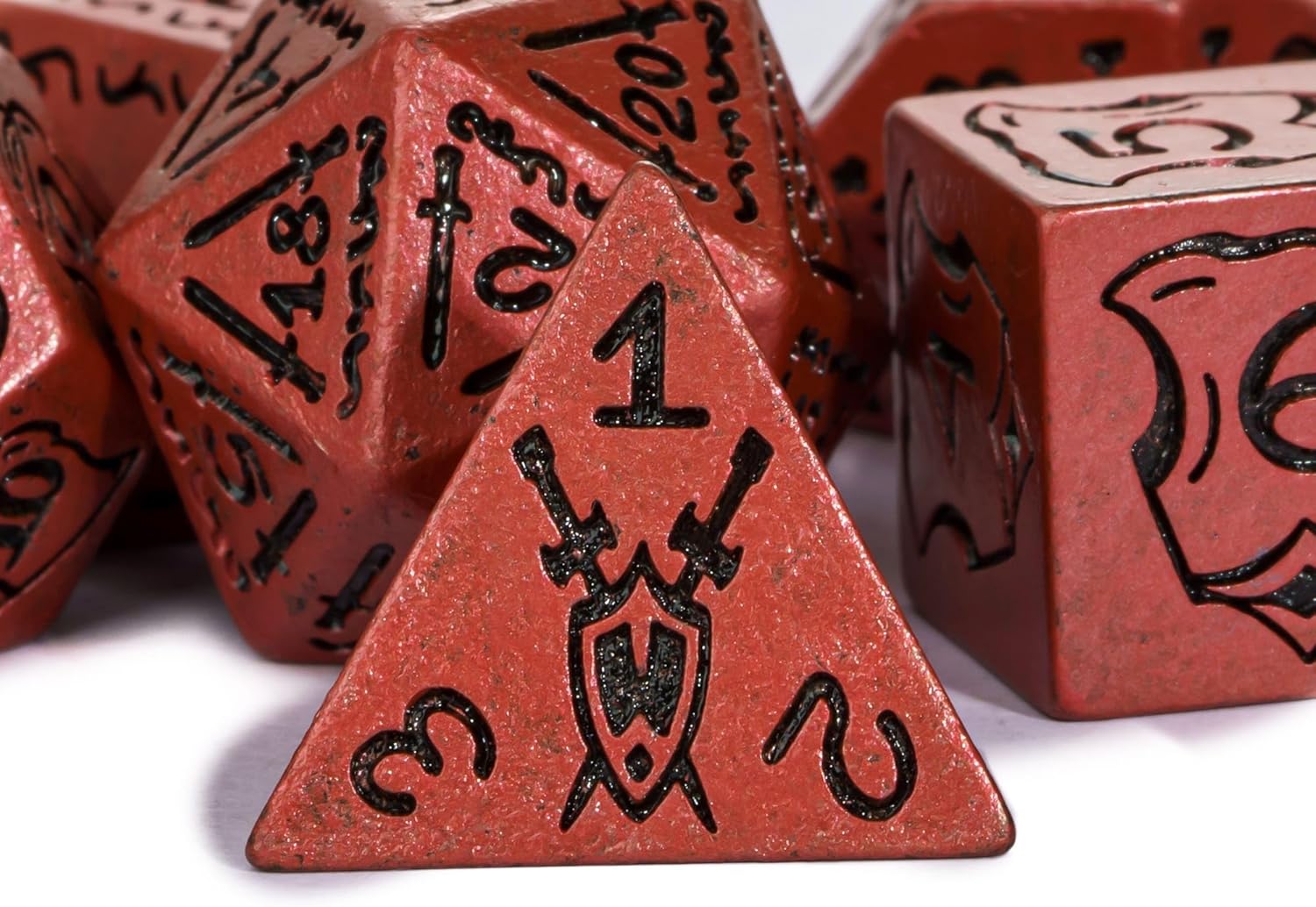 DND – Juego de dados poliédricos de 7 piezas con escudo y patrón de espada para juegos de rol de Calabozos y Dragones y juegos de mesa (naranja)