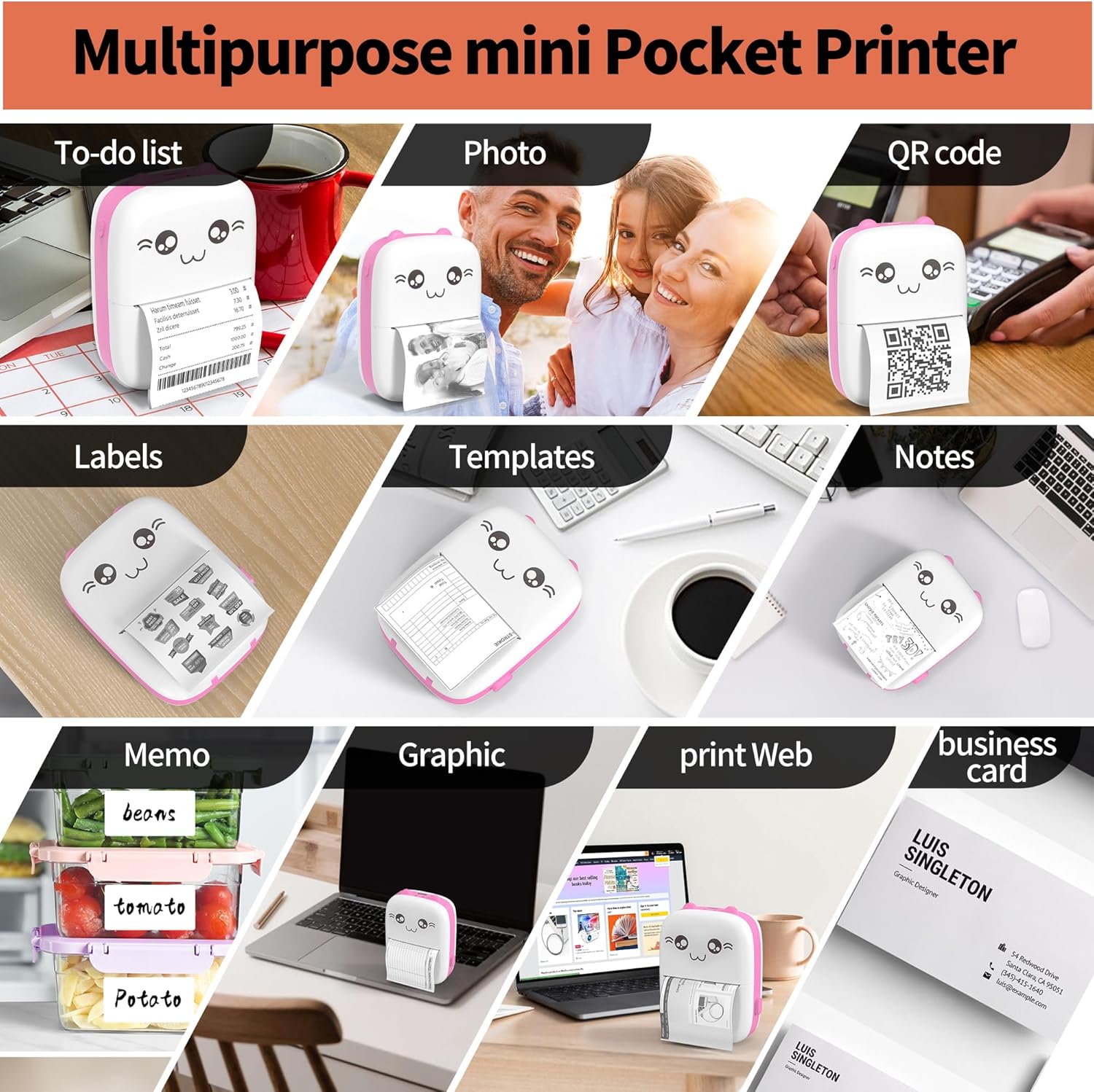 (13 rollos de papel térmico), impresora adhesiva sin tinta, mini impresora de bolsillo, mini impresora térmica de bolsillo, aplicación iOS Android