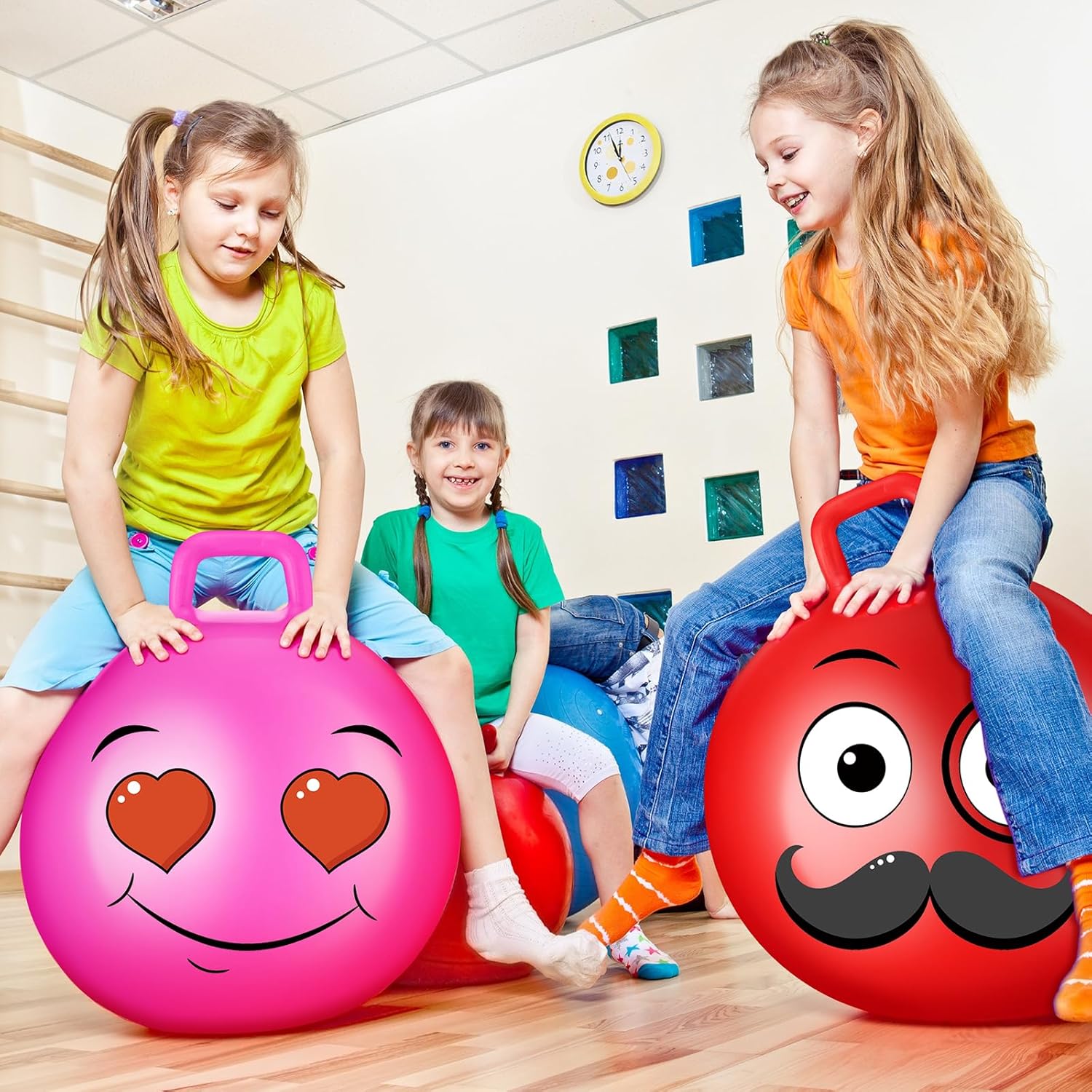 5 pelotas hinchables de 22 pulgadas, bola de salto de hippity hop, pelota de goma con asa, inflable, 5 expresiones divertidas, juguetes de salto de