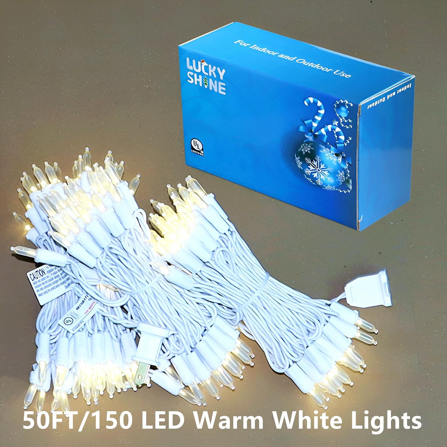 150 luces LED de Navidad de color blanco cálido, cadena de luces LED de grado comercial, cable blanco de 50 pies, para uso en interiores y