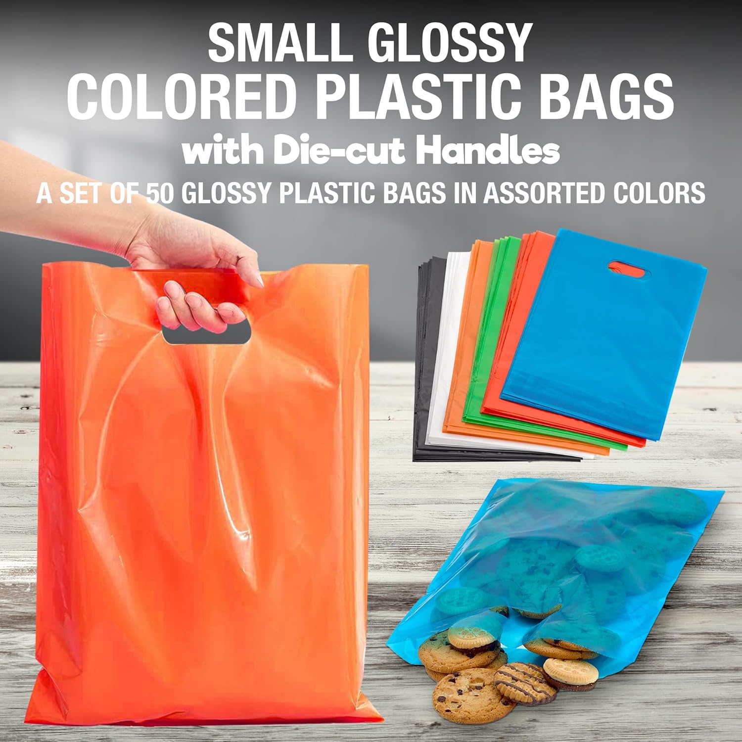 Playbees Bolsas de plástico pequeñas de colores brillantes con asas troqueladas en varios colores, paquete de 50 bolsas de comestibles de 8.75 x 12