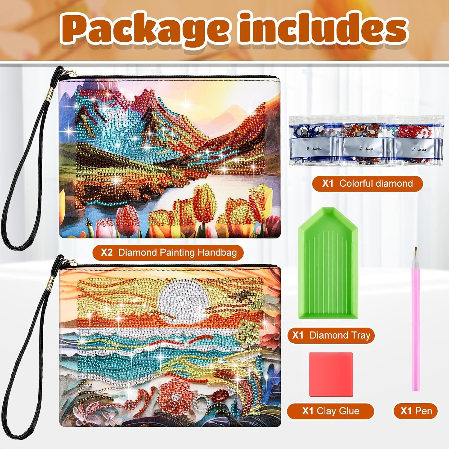 Geyoga 2 unidades de monederos de pintura de diamantes 5D DIY diamante pintura bolso de mano arte diamante bolso de mano bolsa de mano para mujeres