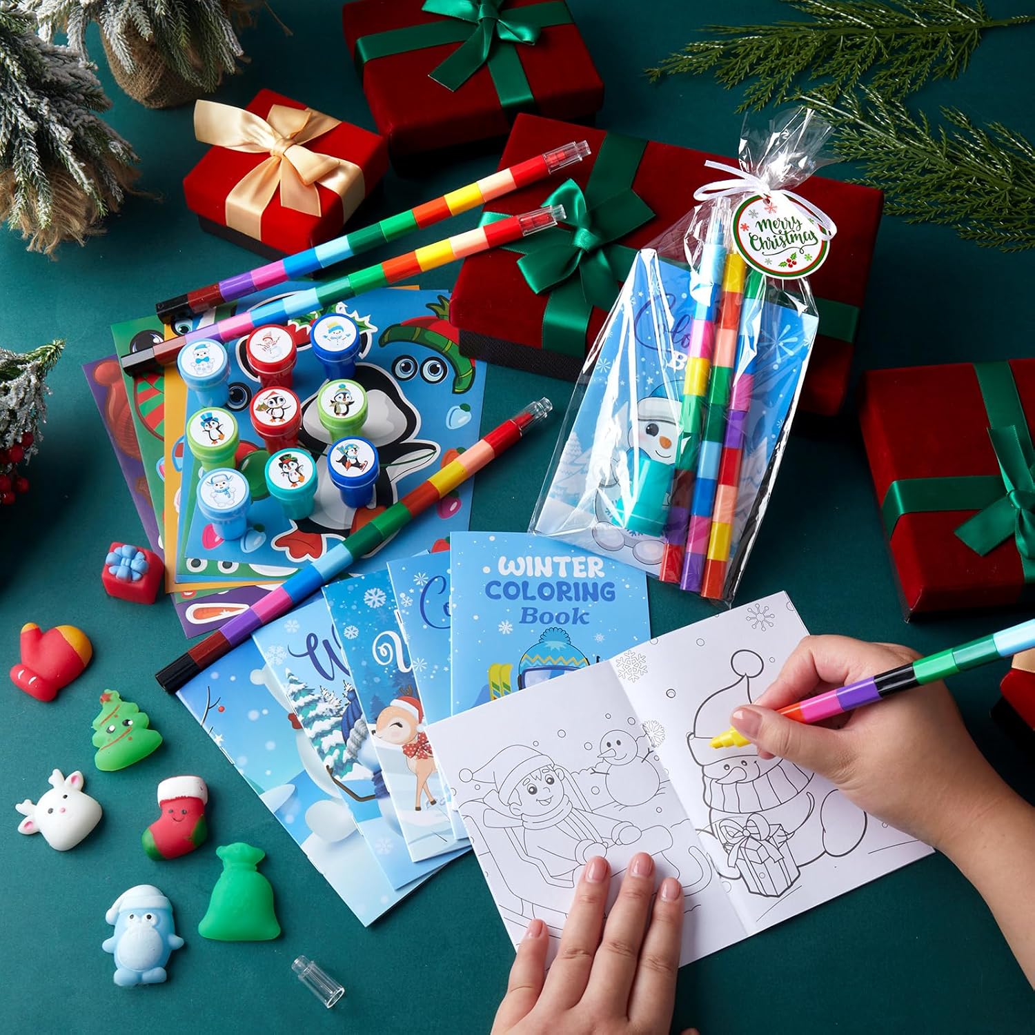 108 Pcs Christmas Party Favors Bible Coloring Book with Stacking Crayons for Kids Squishes Christmas Toys DIY Sticker Stampers Goodie Bag Fillers